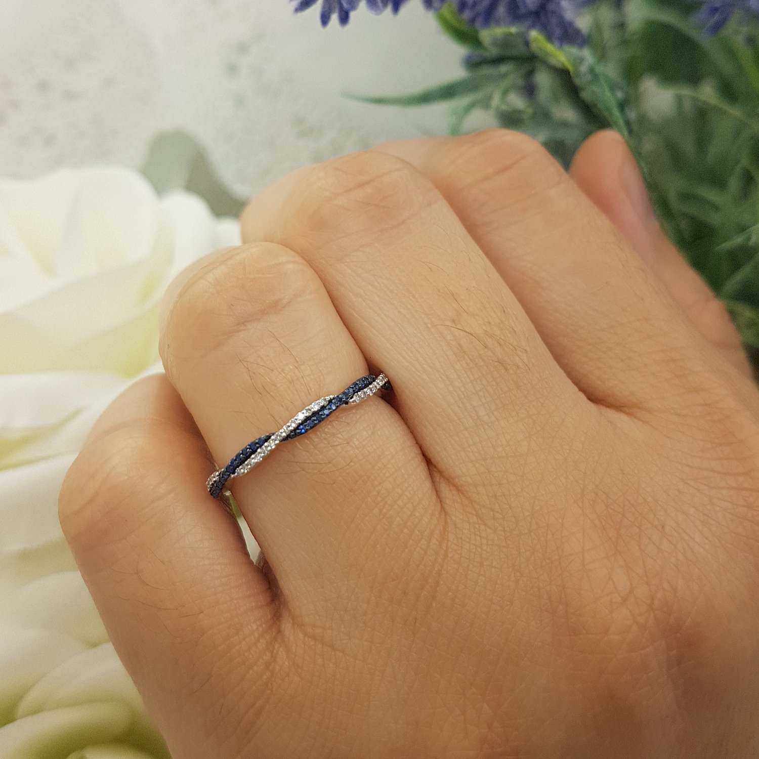 14K Solid Gold Round Blue Sapphire & White Diamond Swirl Stackable Ring for Women | Elegant Wedding, Anniversary & Party Jewelry Gift | Dazzlingrock Collection