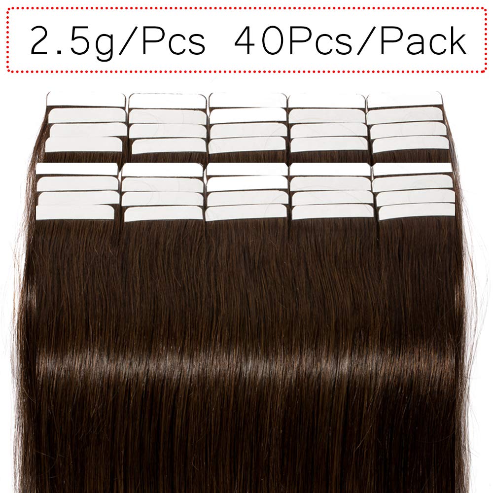 24 Inch Tape in Hair Extensions - 100% Remy Human Hair - 40 PCS 100g Dark Brown (#02) - Seamless Skin Weft for Long Straight Hair - Perfect for Weddings, Parties & Daily Styling