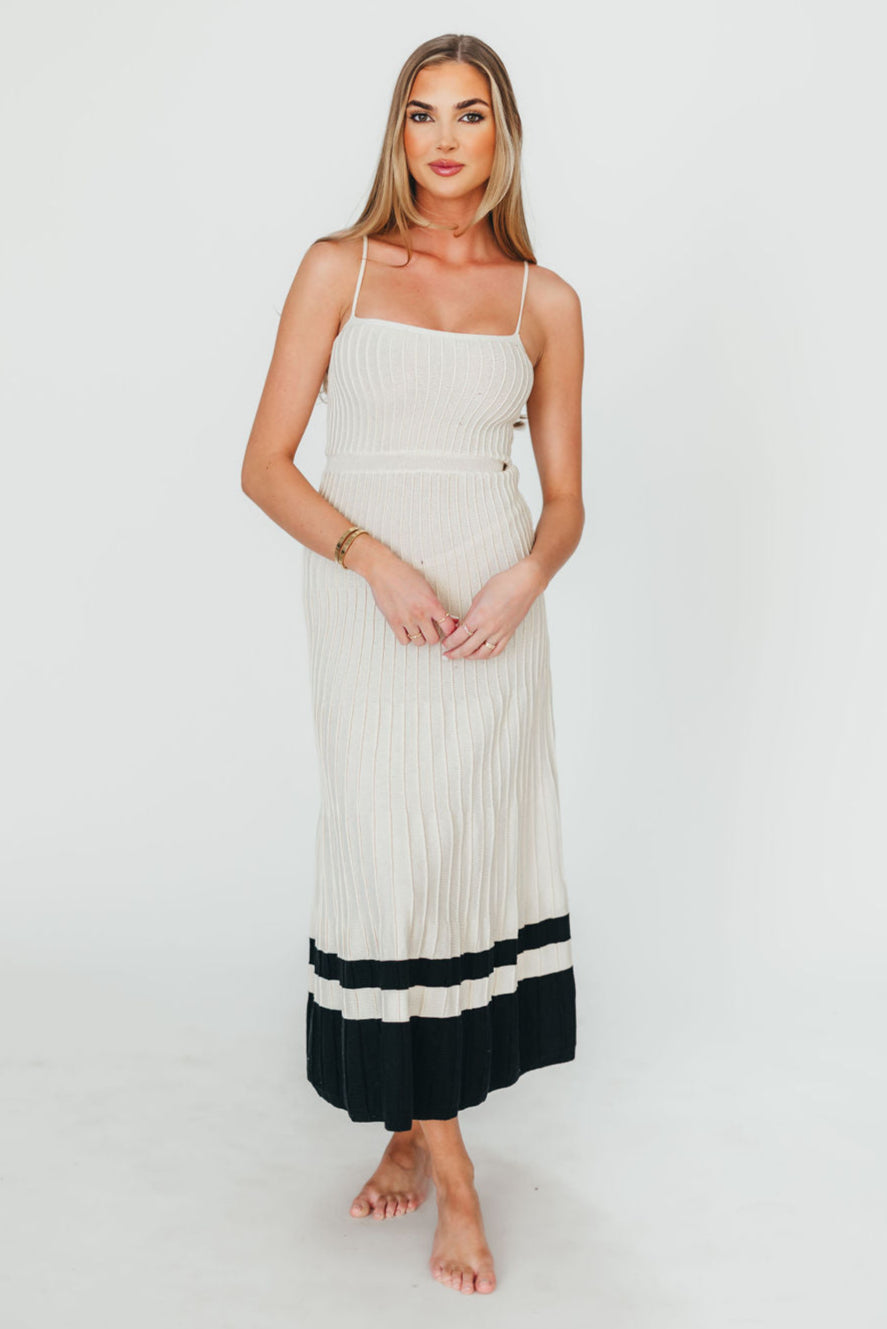 Kenzie Ribbed Knit Dress for Women - Ecru & Black Slim Fit Stretch Midi Dress - Perfect for Office, Date Night & Casual Outings
