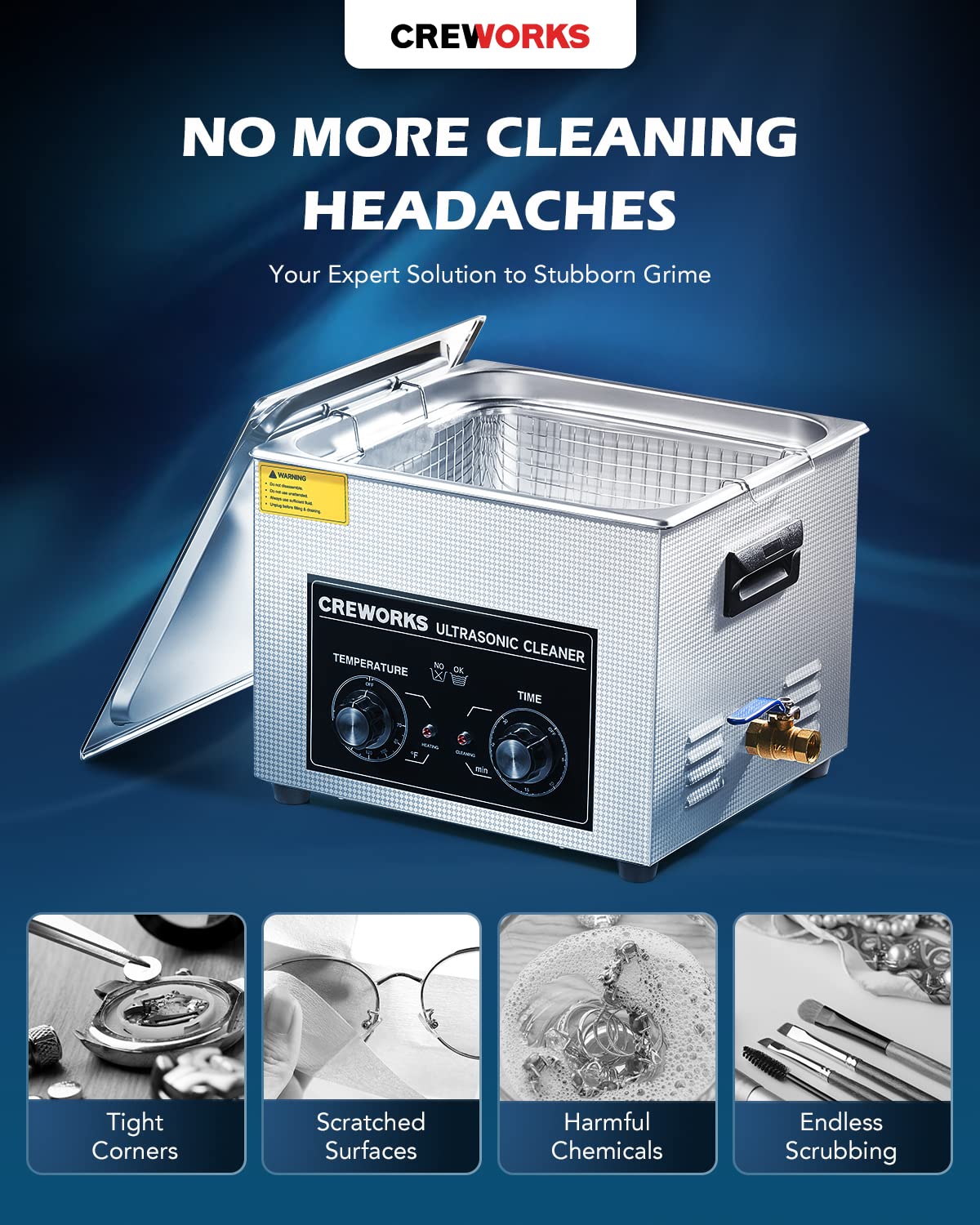 CREWORKS 15L 760W Professional Ultrasonic Cleaner with Digital Display & Heater - Industrial Auto Cleaning Machine for Carburetor, Tools, Jewelry, Glasses - Perfect for Home Workshop, Repair Shop & Dental Lab Use