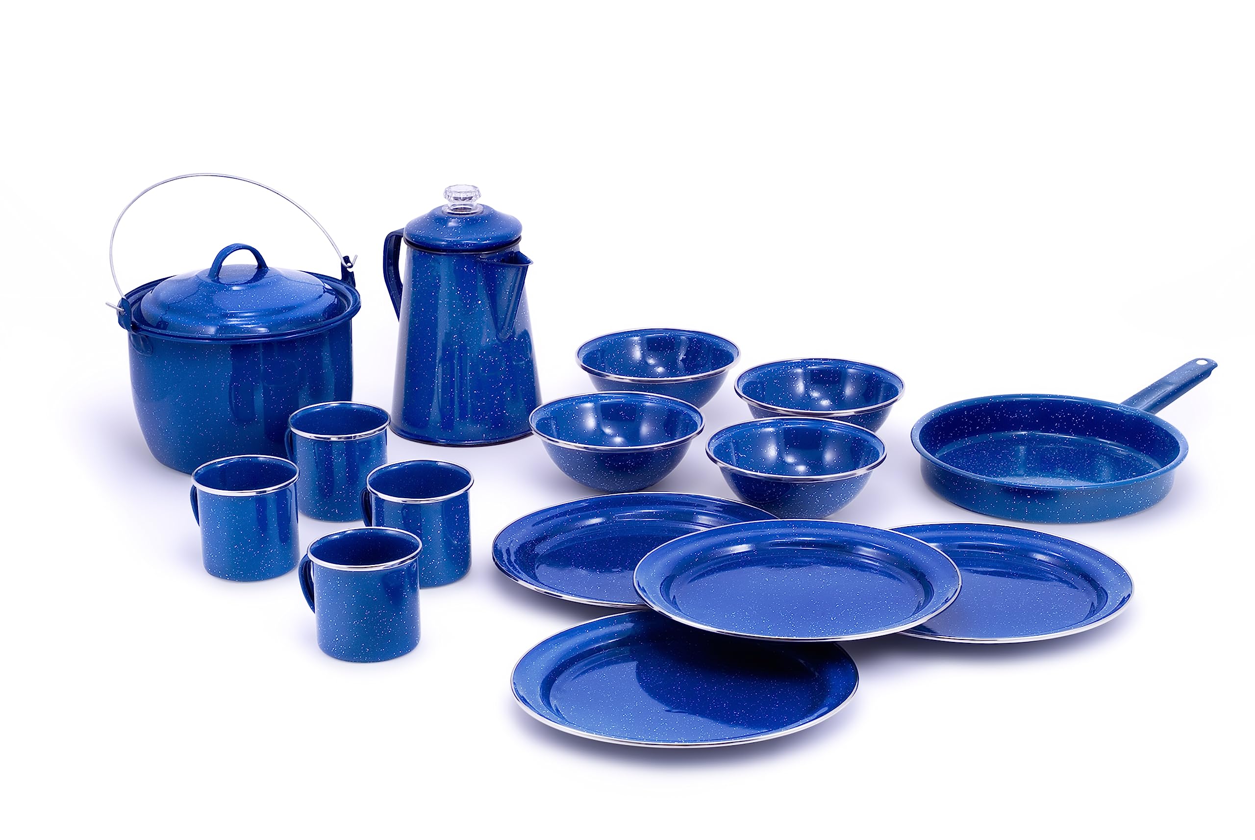 GSI Outdoors 4-Person Camping Dinnerware Set - Enamel Percolator, Fry Pan, Kettle, Bowls, Plates & Coffee Mugs for Camping, Hiking & Outdoor Adventures