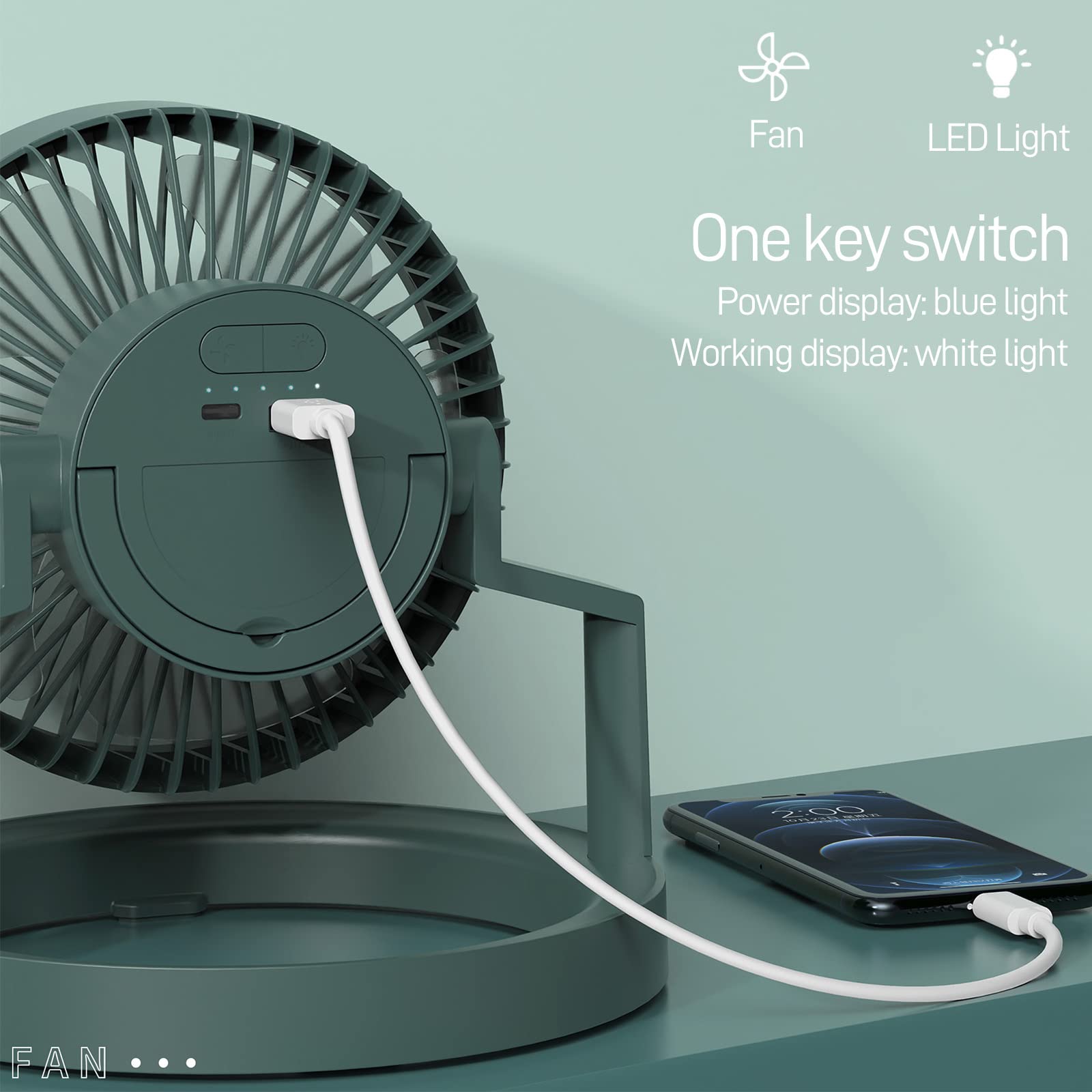 Portable Rechargeable Desk Fan with LED Light - 8000mAh Battery, 3 Speed Settings, 180° Adjustable for Home Office, Camping, Travel & Bedroom Use | USB Powered Multi-Functional Cooling Fan for Indoor & Outdoor Activities