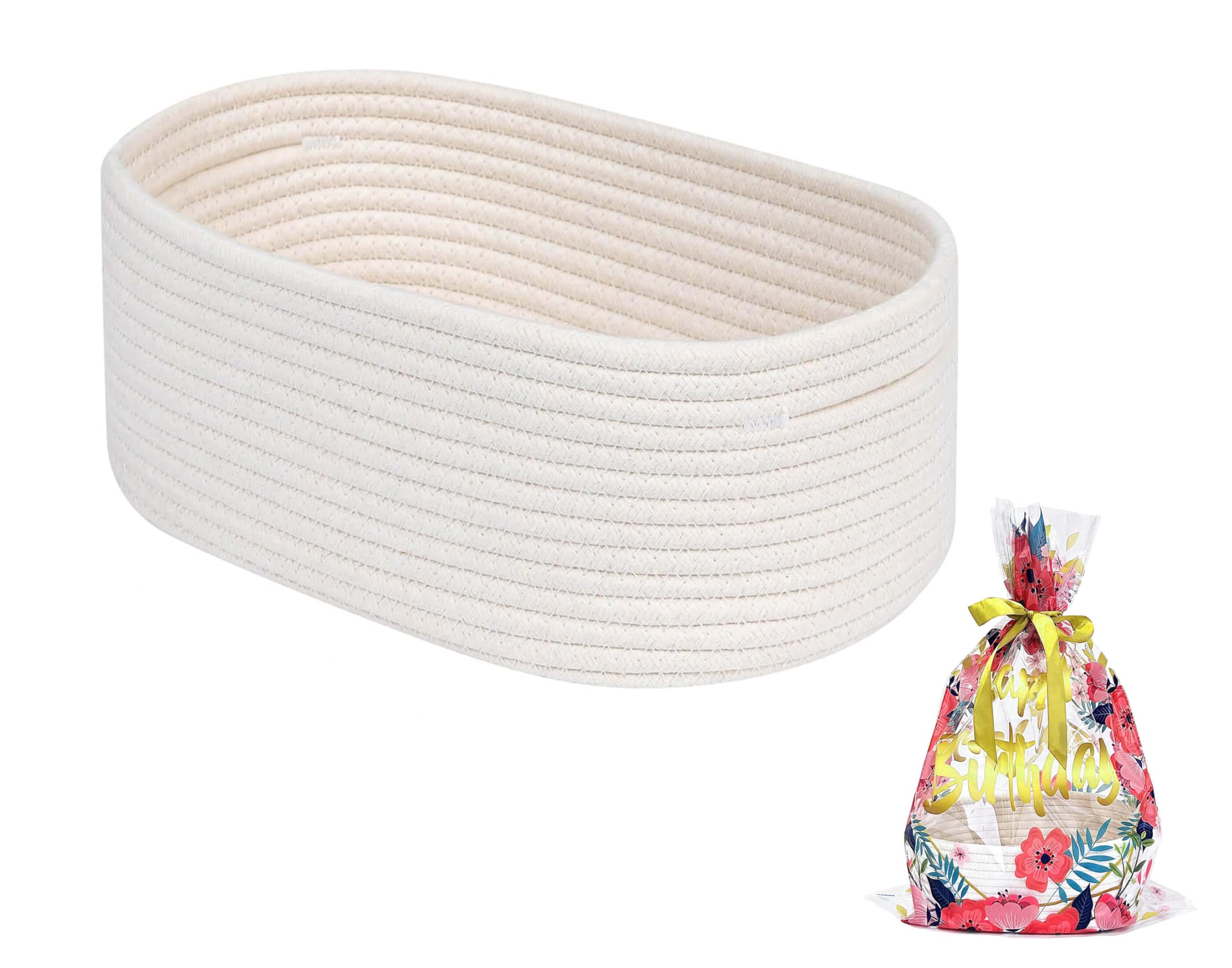CubesLand Small Woven Storage Basket - Organizing Bin for Baby Toys, Closet & Shelves | Perfect for Halloween, Christmas & Easter Gifts (Includes Cello Bag, White Basket & Ribbon) | Home Organization & Holiday Decor