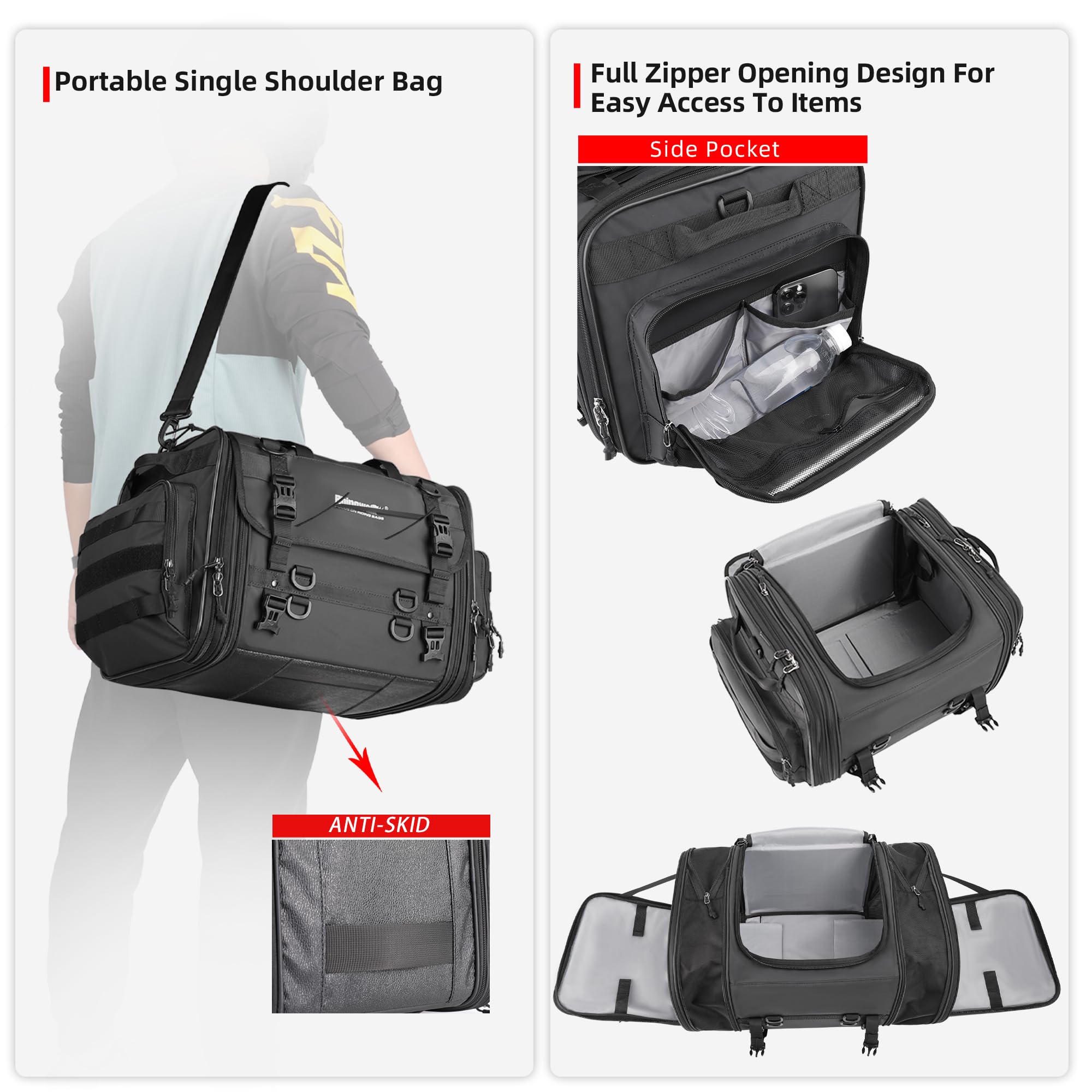Rhinowalk 80L Expandable Motorcycle Tail Bag - Waterproof Saddle Bag with Straps for Travel & Commuting