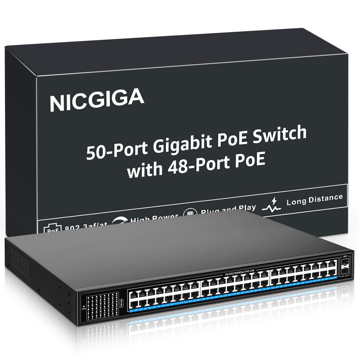 48 Port Gigabit PoE Switch Unmanaged with 48 Port IEEE802.3af/at PoE+@400W, 2 x 1G SFP, NICGIGA 50 Port Network Power Over Ethernet Switch, Desktop/Rackmount - Ideal for Business Networks, IP Camera Systems, and VoIP Phone Setups