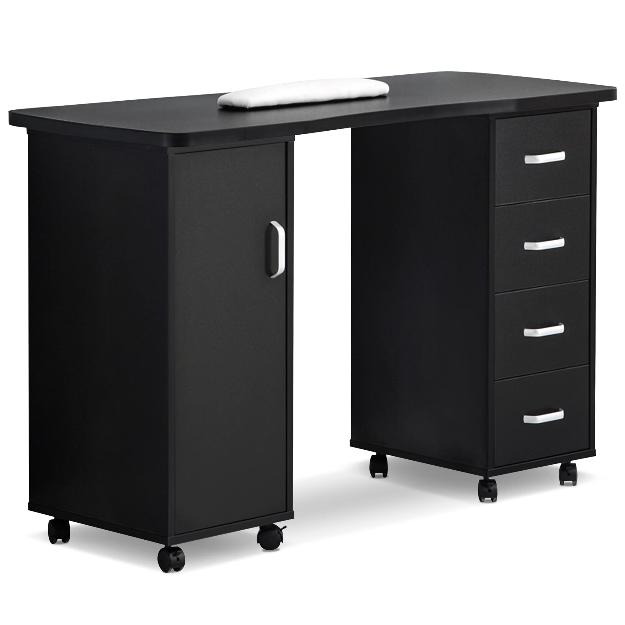 Professional BarberPub Manicure Table - Acetone-Resistant Nail Desk with 4 Drawers & 2 Cabinets - Lockable Wheels & Wrist Pad - Perfect for Nail Technicians & Beauty Salons (Black 0611) - Ideal for Manicures, Pedicures & Nail Art Services in Salons & Home Studios