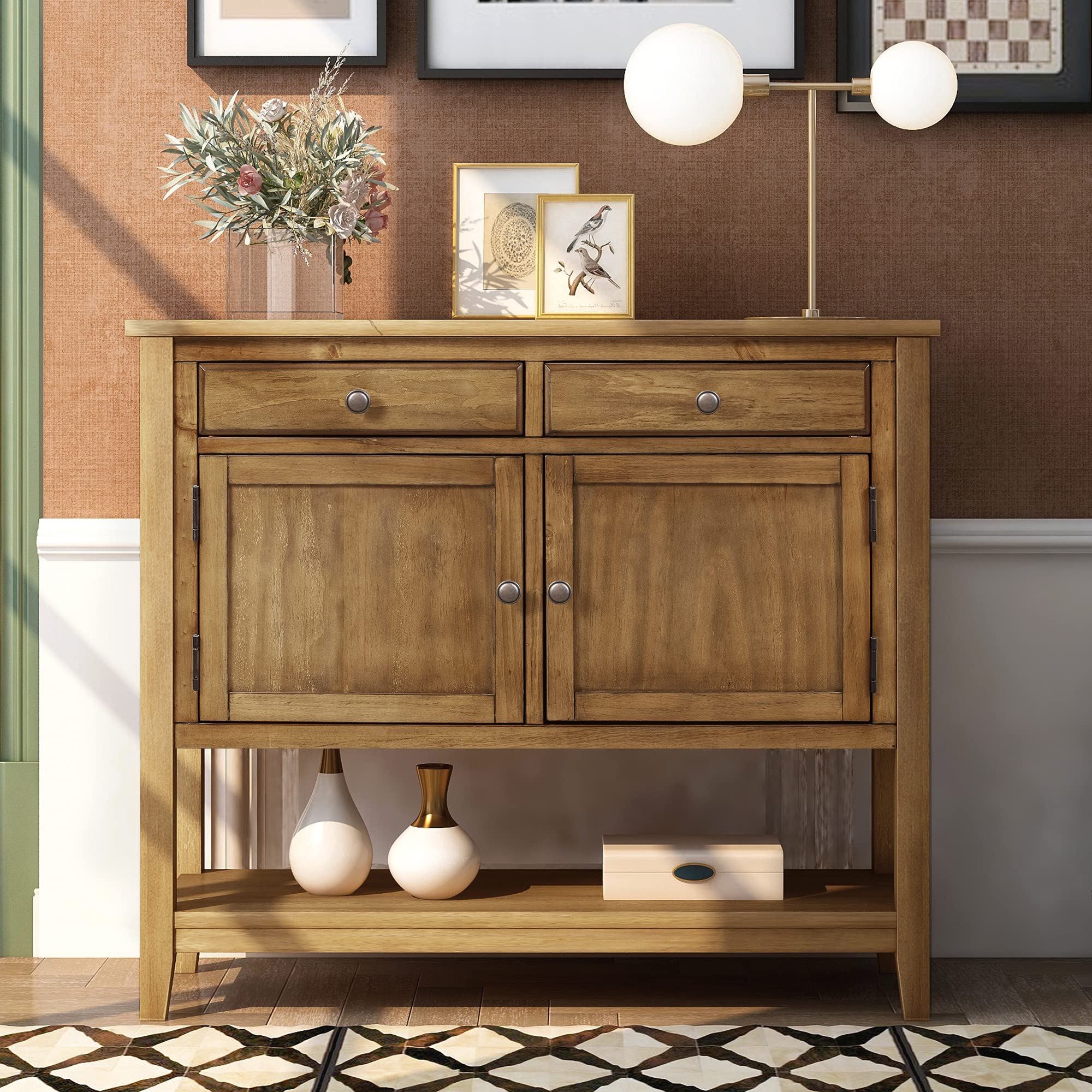 Modern Wood Console Table with 2 Drawers & 2 Cabinets - Entryway Side Table with Storage Shelf, Buffet Sideboard Cabinet for Living Room, Kitchen, Hallway - Easy Assembly (Brown) | Perfect for Small Space Organization & Home Decor