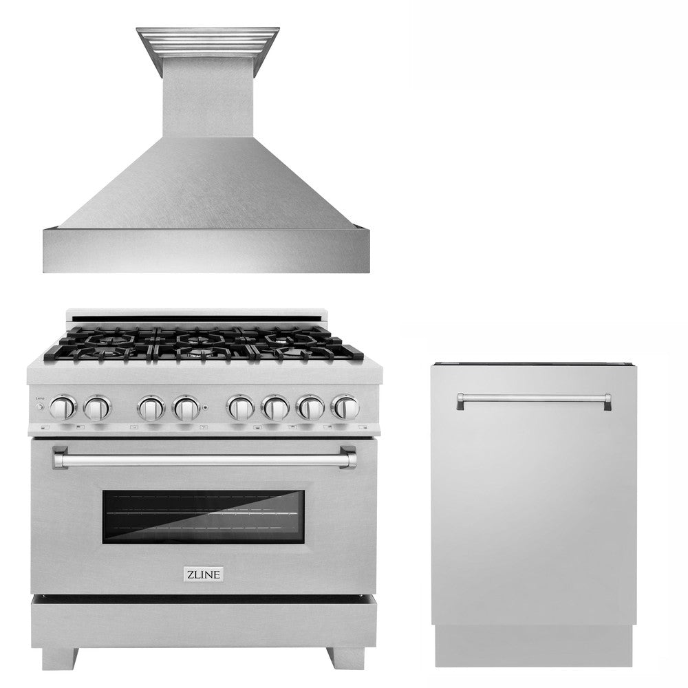 ZLINE 36 Inch Professional Kitchen Package - Stainless Steel Dual Fuel Range, Ducted Range Hood & Tall Tub Dishwasher Set for Modern Home Cooking & Entertaining