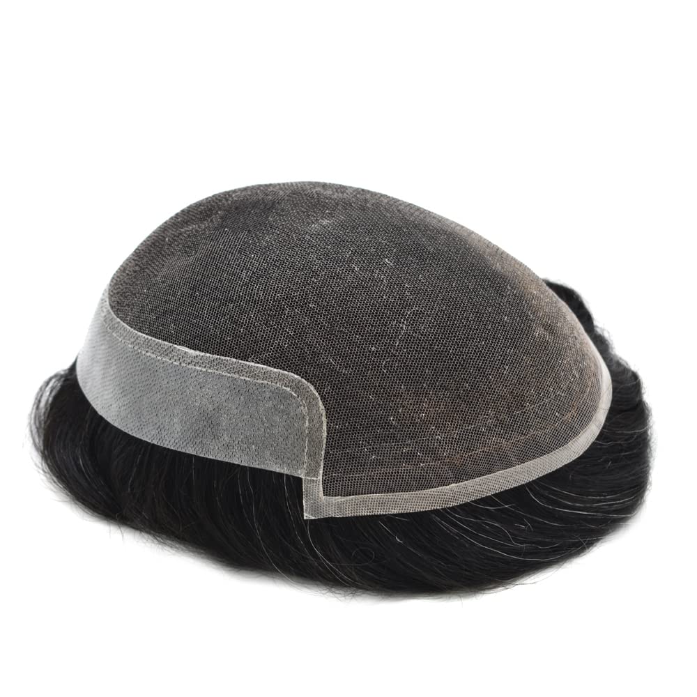 Men's Swiss Lace Toupee Hair System - 7x9 Inch Human Hair Replacement Piece for Thinning Hair (Jet Black #1, Medium-Light Density) - Natural Looking Hairpiece for Daily Wear & Special Occasions