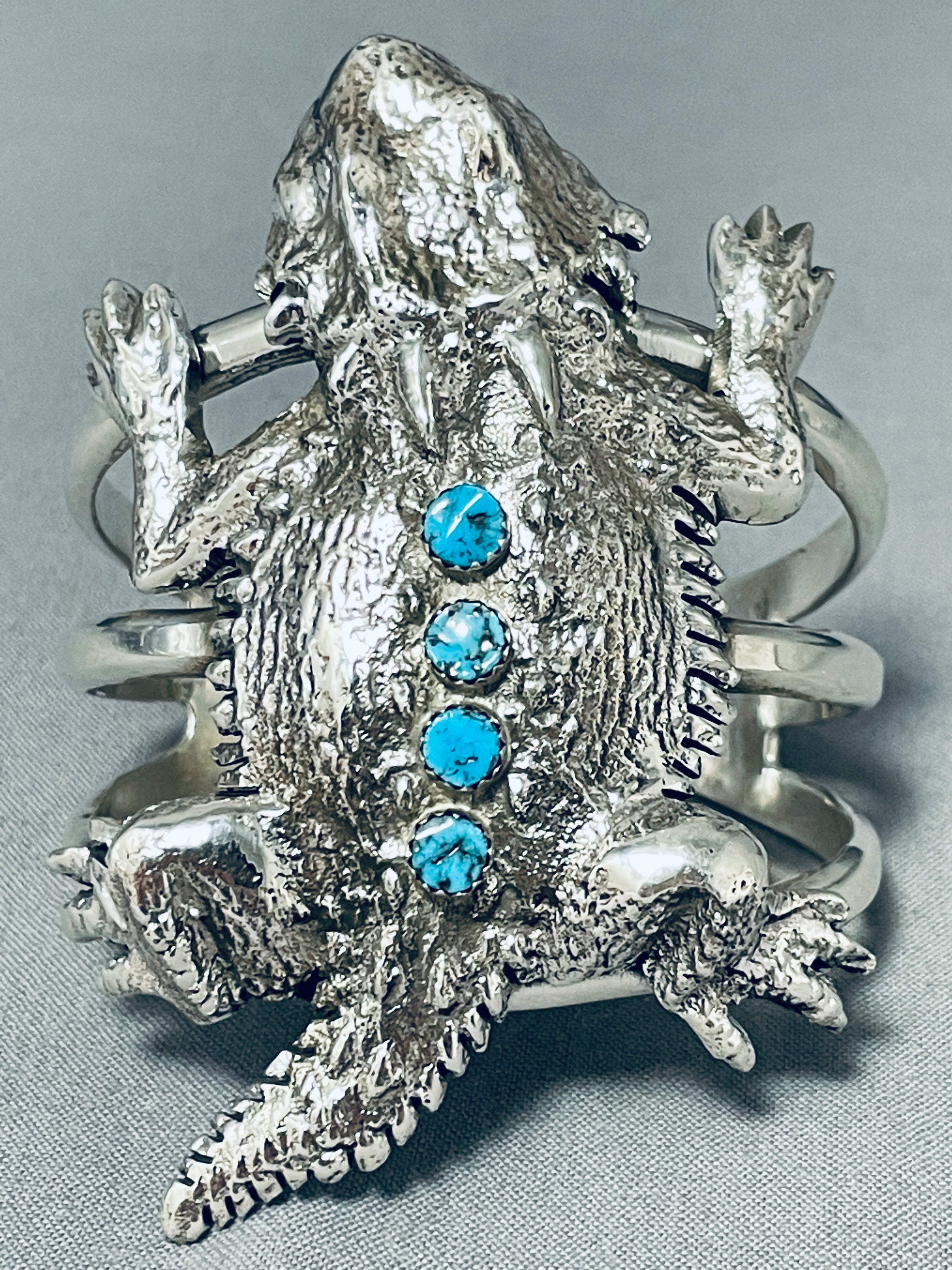 Authentic Native American Navajo Sterling Silver Bracelet with 4 Turquoise Stones - Handcrafted Toad Design for Boho & Southwest Fashion | Perfect for Festivals, Gifting & Spiritual Jewelry Collection
