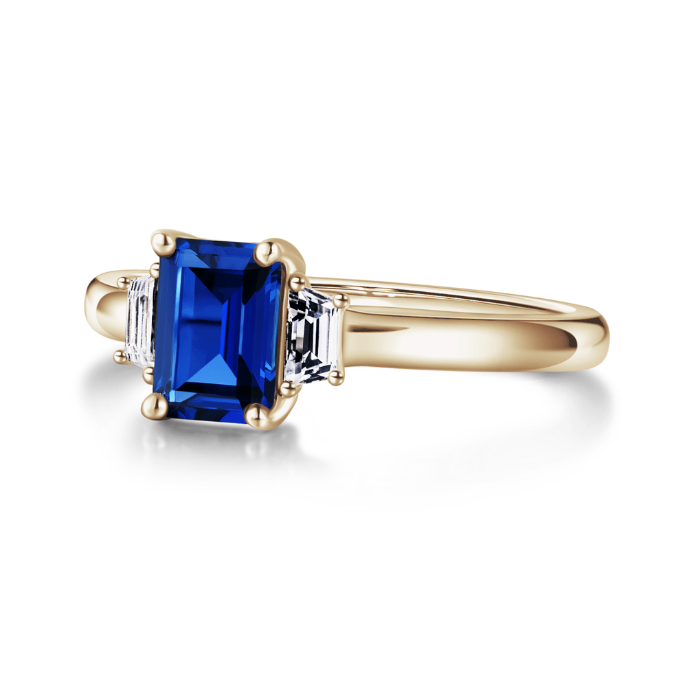 Exquisite Emerald Cut Blue Sapphire & White Sapphire Three Stone Ring – Elegant Jewelry for Engagement, Wedding & Special Occasions