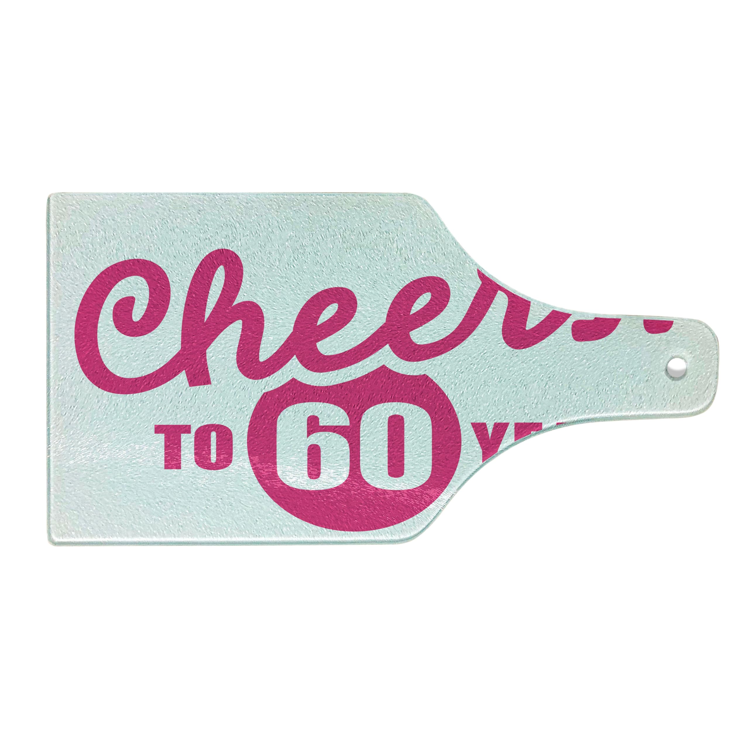 Ambesonne 60th Birthday Wine Bottle Shaped Cutting Board - Happy Cheerful Words Print, Tempered Glass Serving Tray for Party Decorations - Perfect for Anniversary Celebrations, Wine Tastings & Kitchen Decor (Hot Pink & White)