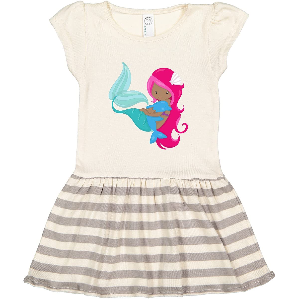 Inktastic African American Mermaid Toddler Dress with Pink Hair & Dolphin Print - Cute Beachwear for Girls, Birthday Outfit, Summer Playdate Fashion