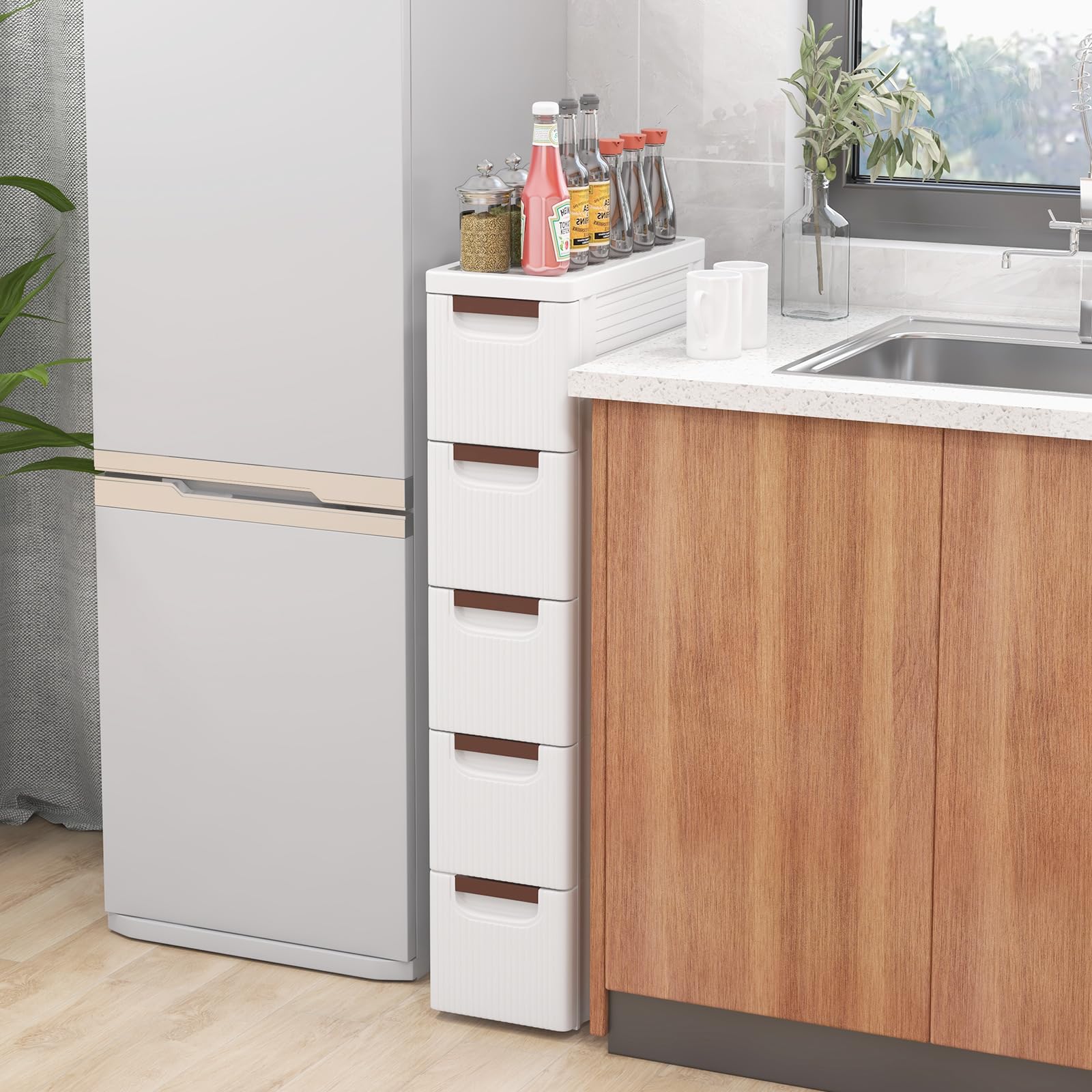 LOKO 5-Drawer Narrow Storage Cabinet - Slim Rolling Cart with Pull Handles & Built-in Wheels | Mobile Plastic Organizer for Living Room, Kitchen, Bathroom & Office (7.5