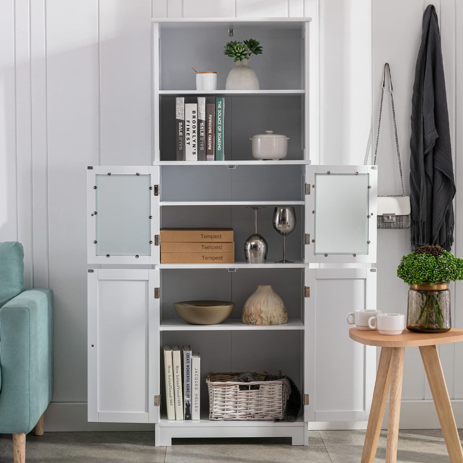 AUXSOUL Tall Bathroom Cabinet - Freestanding Storage Organizer with Glass Doors & Adjustable Shelves - Wooden Floor Linen Cupboard for Bathroom, Living Room, Hallway - Perfect for Towel Storage & Home Organization