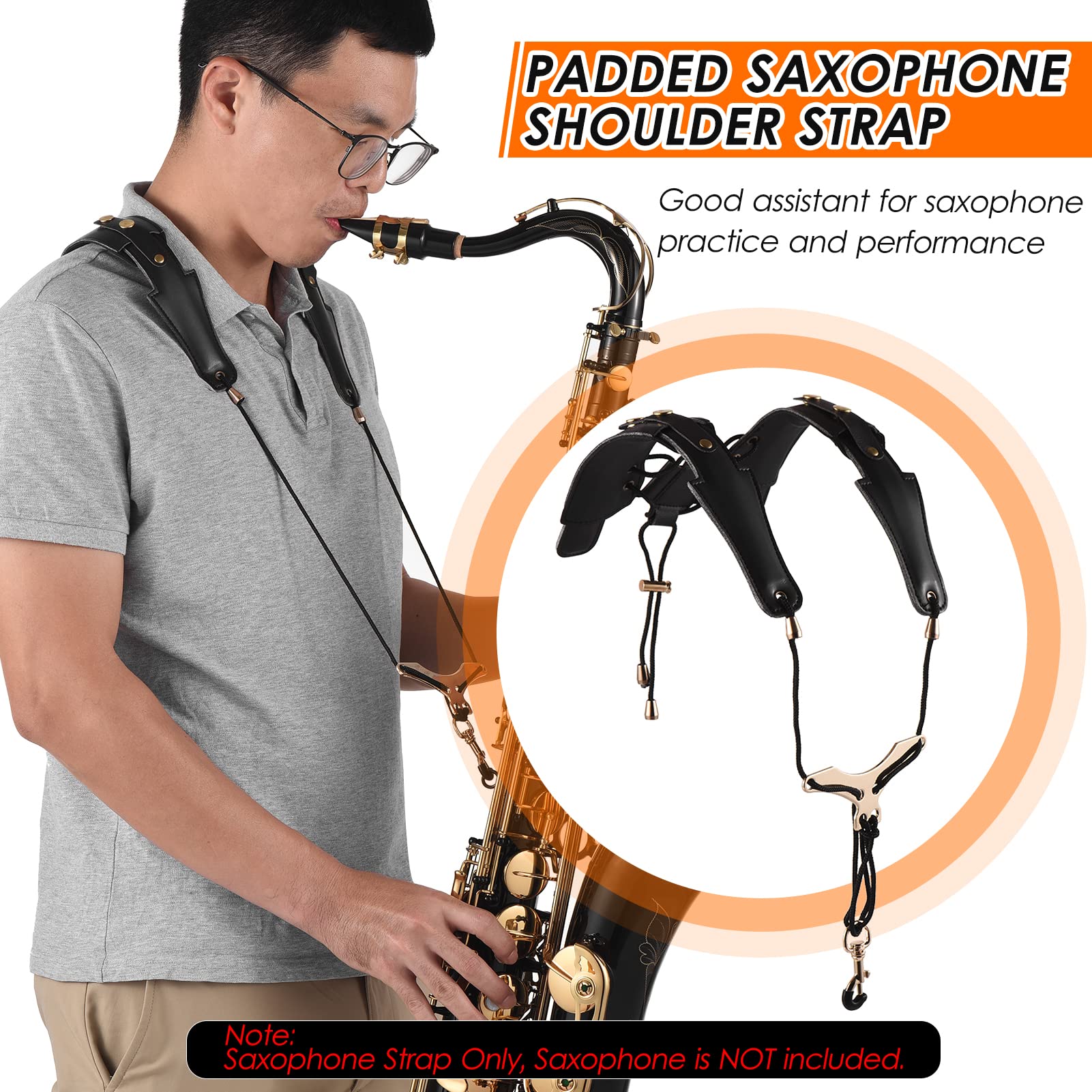 Adjustable Padded Leather Saxophone Strap with Metal Hook - Comfortable Shoulder Harness for Tenor, Soprano, Alto Saxophones & Clarinet - Perfect for Band Performances, Music Lessons & Practice Sessions