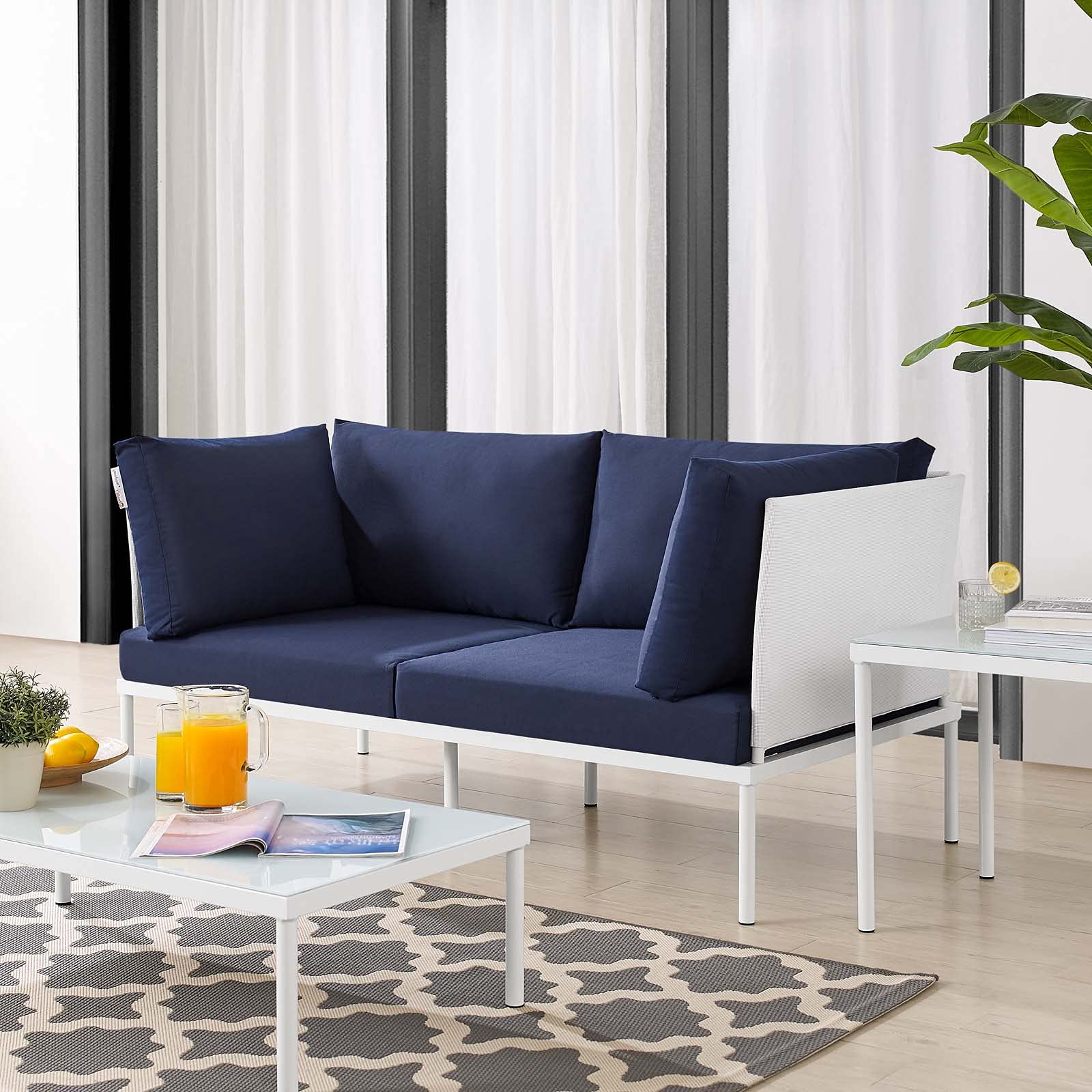 Modern Outdoor Loveseat Sofa - Aluminum Metal Frame in White, Blue & Navy - Perfect for Patio, Cafe & Bistro Relaxation