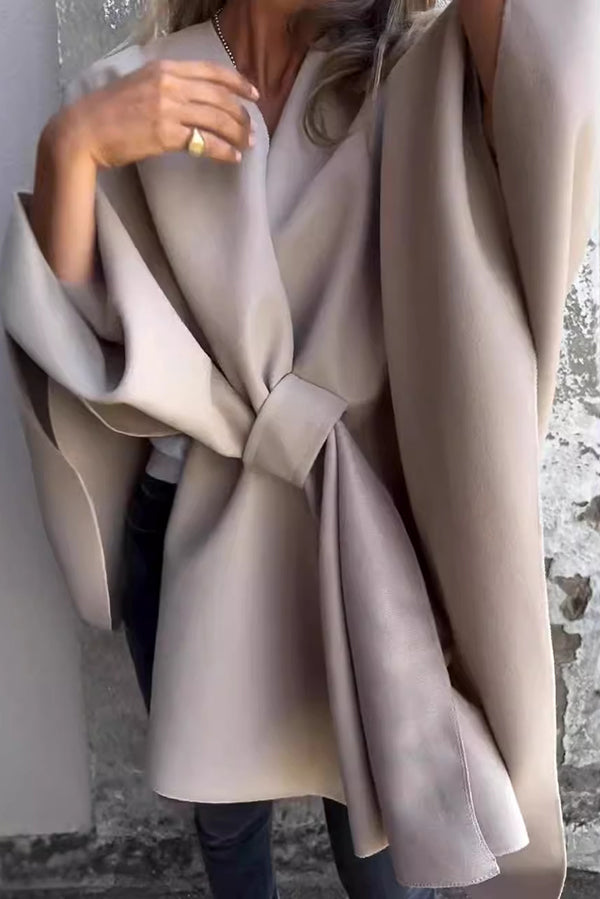 Stylish Solid Color Loose V-Neck Shawl Cape Jacket for Women - Lightweight Wrap Cardigan for Office, Travel & Evening Outfits