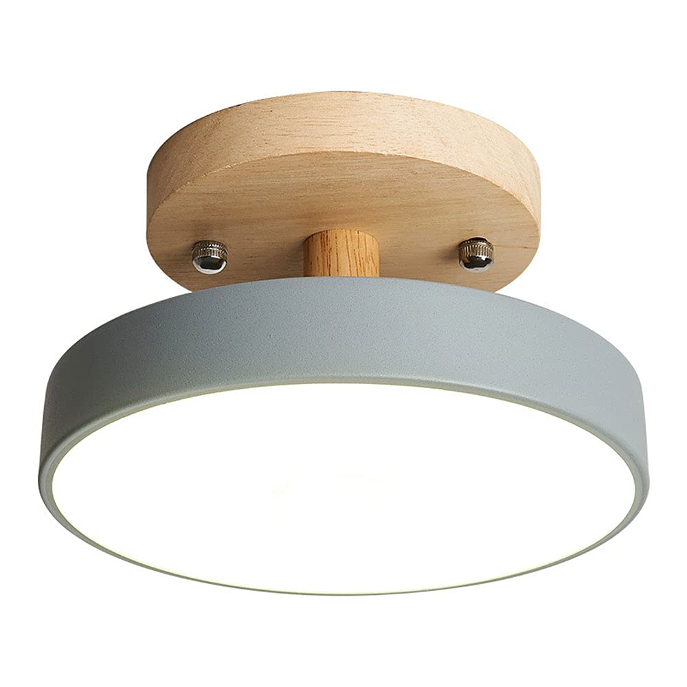 Nordic Macaron LED Flush Mount Ceiling Light - Small Round Solid Wood Base, 3 Adjustable Color Temperatures (Gray) - Perfect for Bedroom, Bathroom, Corridor & Modern Home Decor