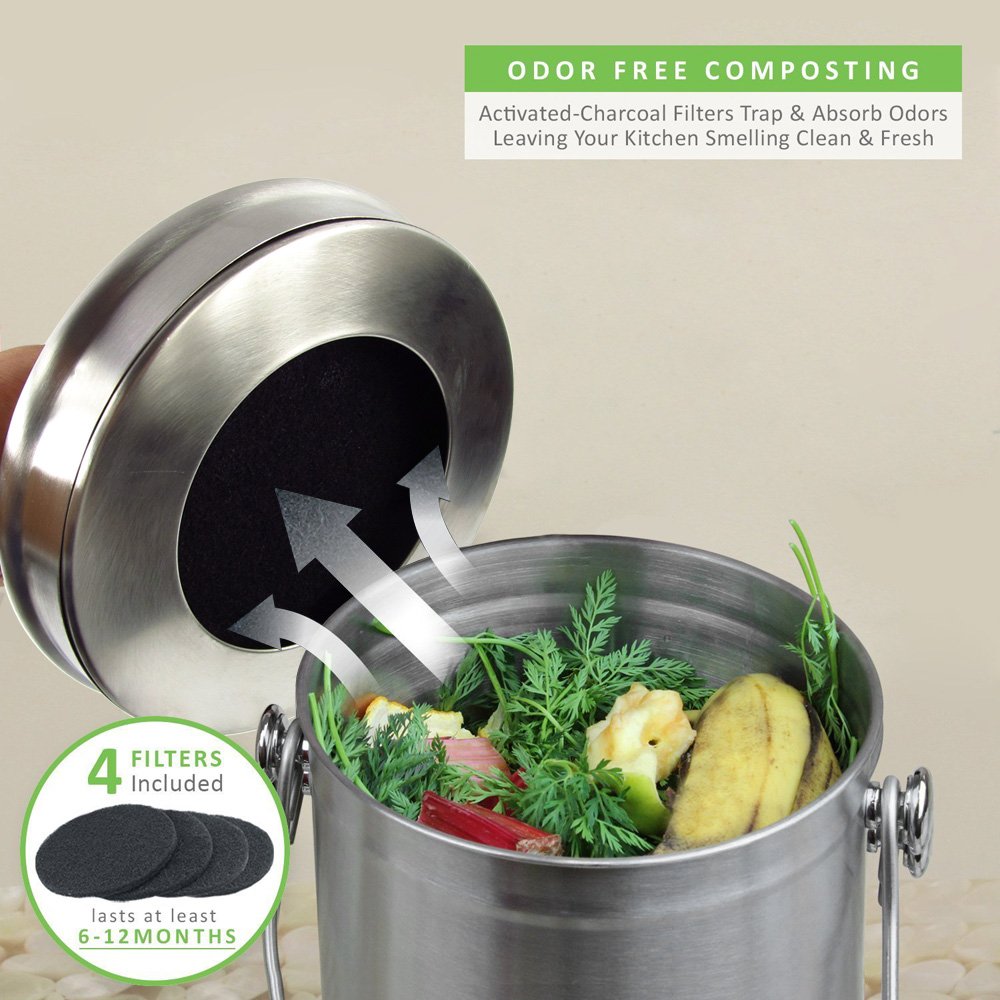 Abakoo 304 Stainless Steel Compost Bin - 1.3 Gallon Kitchen Composter with 4 Filters, Indoor Countertop Waste Pail for Eco-Friendly Food Scrap Recycling