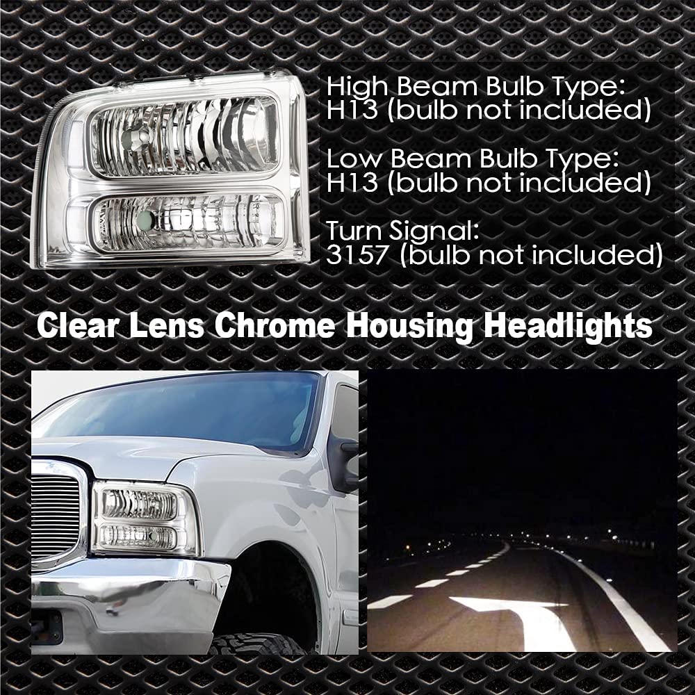 G-PLUS Replacement Headlight Assembly for 2005-2007 Ford F250 F350 Super Duty - Clear Lens, Chrome Housing, Clear Reflector - Perfect for Off-Roading, Night Driving & Truck Upgrades