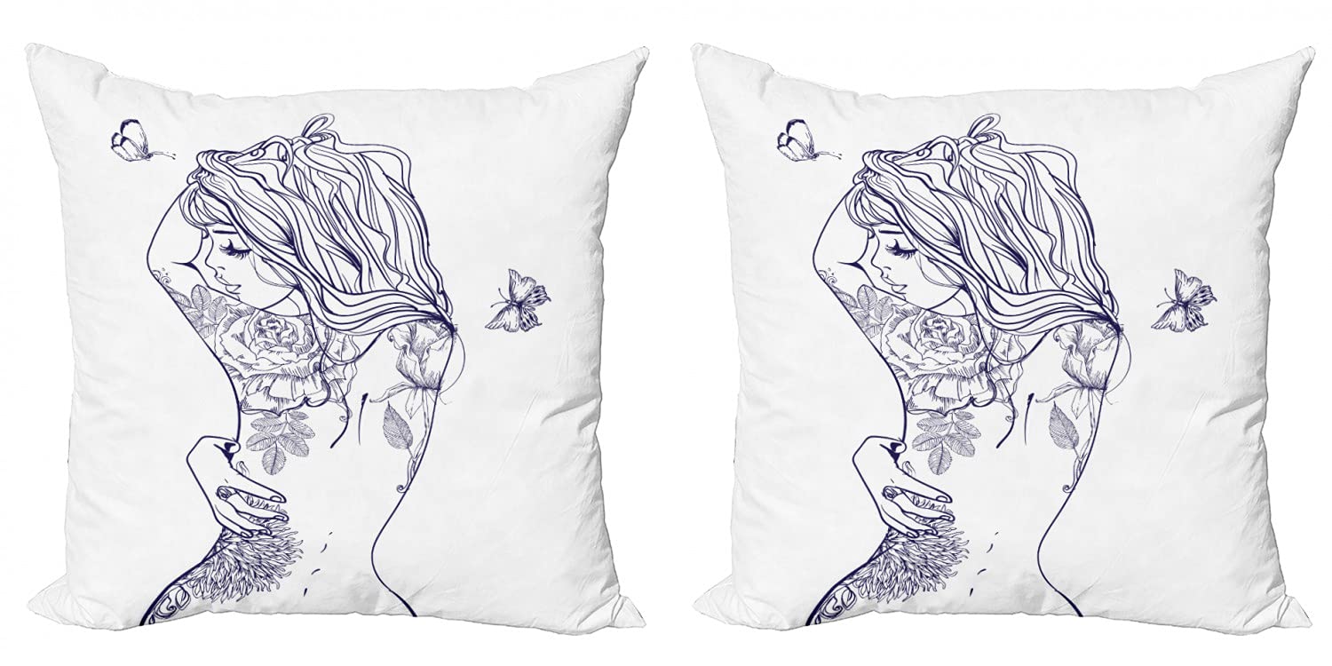 Ambesonne 2-Pack Decorative Throw Pillow Covers - Floral Butterfly Tattoo Design with Botanical Leaves, 20x20 Inch Dark Purple & White Cushion Covers for Sofa, Bed, Living Room - Perfect for Boho Home Decor & Cozy Reading Nook