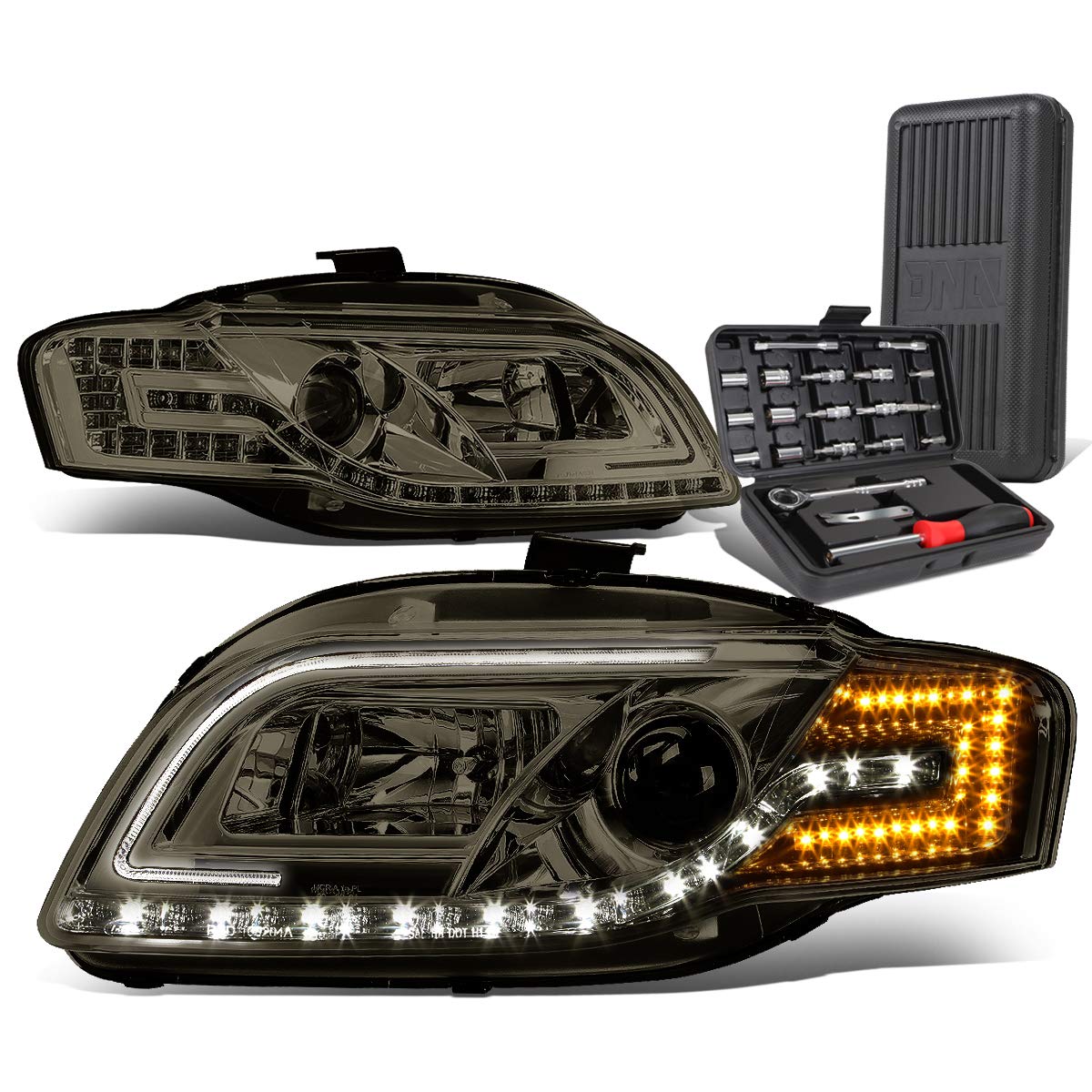 Auto Dynasty LED DRL Smoked Housing Projector Headlights + Tool Kit for 2005-2008 Audi A4 Quattro & S4 Sedan/Wagon | Premium Lighting Upgrade for Night Driving & Style Enhancement