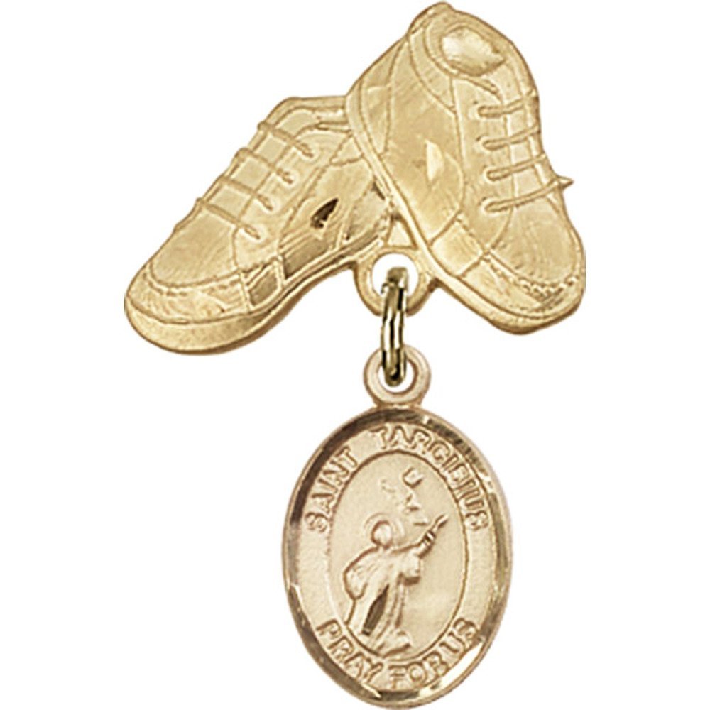 Bonyak Jewelry Gold Filled Saint Tarcisius Medal Charm with Baby Boots Pin - 1 X 5/8 Inch Religious Pendant for Baptism, First Communion & Christening Gifts