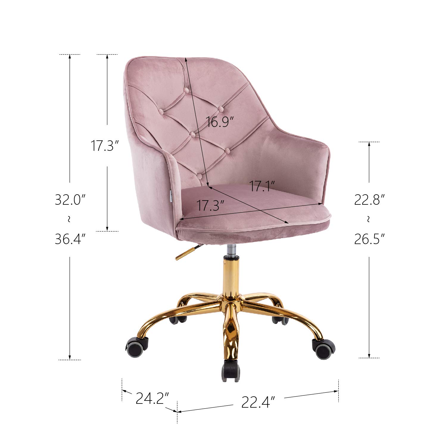 Luxury Velvet Office Chair with Tufted Back - Adjustable Swivel Desk Chair with Golden Metal Base for Home Office, Bedroom & Living Room - Perfect for Working, Gaming & Relaxing