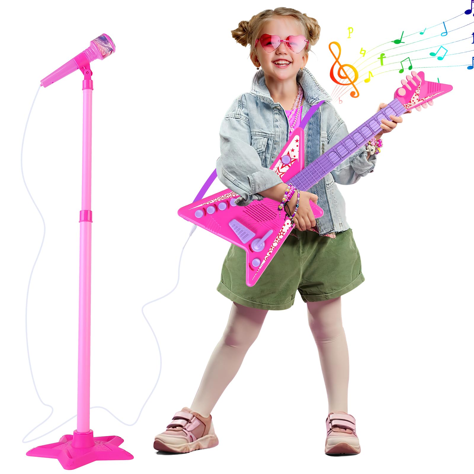 deAO Kids Guitar and Microphone Set - Adjustable Height Musical Toy with Colorful Lights & Stand | Perfect for Birthday Gifts, Karaoke Singing, and Early Music Education for Boys & Girls