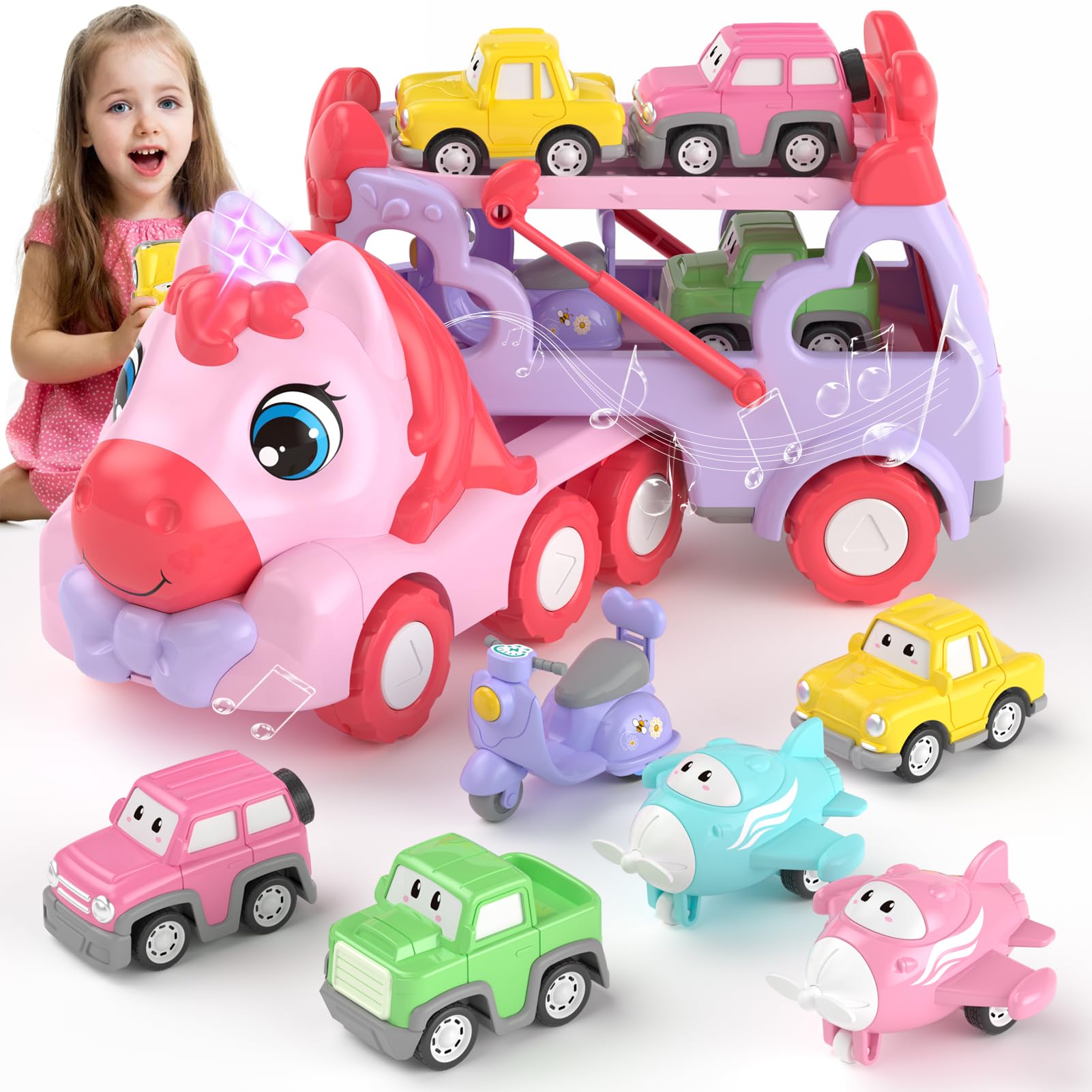 Best 7-in-1 Carrier Truck Toy for 1-3 Year Old Girls - Light & Sound Toy Cars with Music | Toddler Learning Toys for Girls Age 1-2-3 | Perfect Birthday, Christmas & Easter Gift for Toddlers | Great for Pretend Play, Early Learning & Indoor Fun