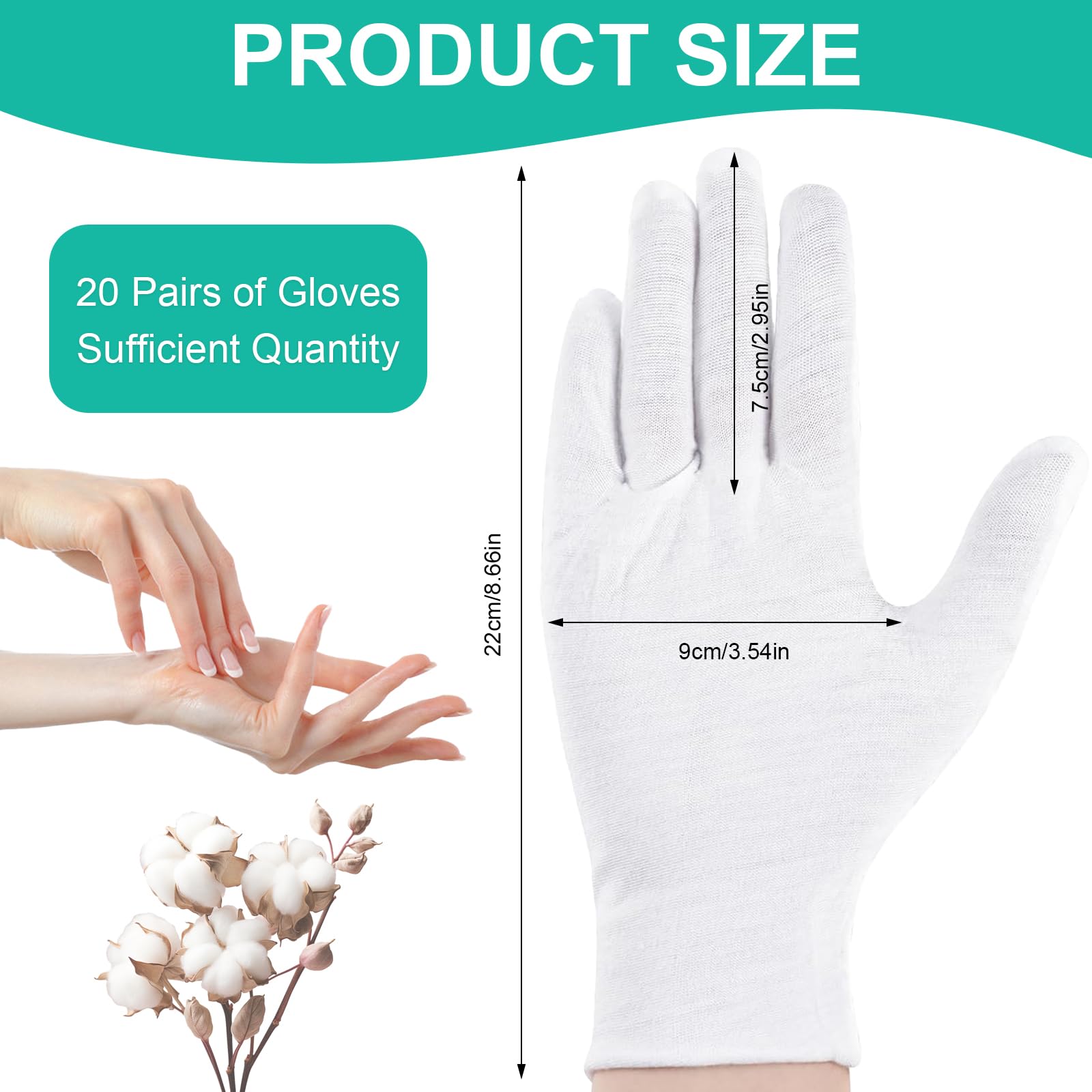 40 Pcs White Cotton Gloves for Eczema & Dry Hands Relief - Moisturizing Gloves for Men & Women (Large Size) - Perfect for Nighttime Skincare & Hand Treatment