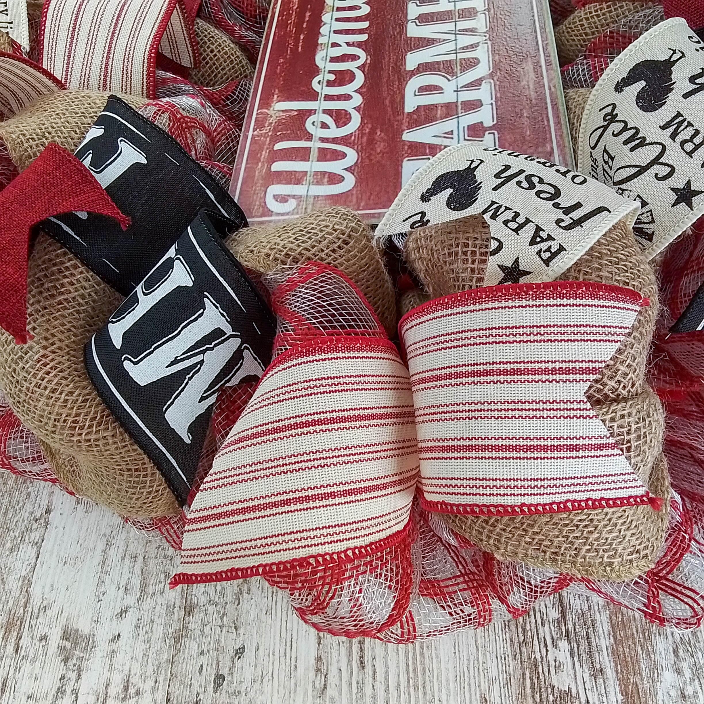 Farmhouse Wreath - Rustic Burlap Decor for Everyday & Mother's Day - Red and Black Burlap Wreath for Front Door, Wall Decor, and Seasonal Home Decorating