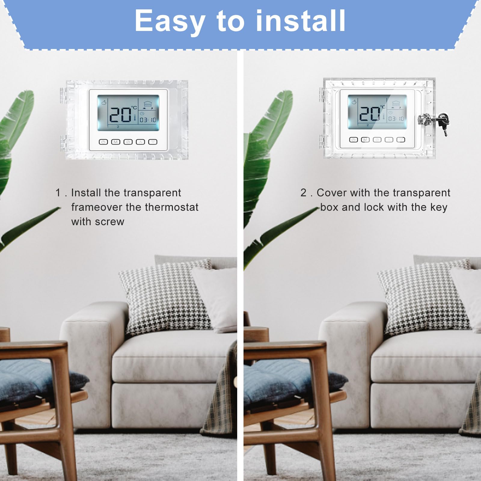 Universal Thermostat Lock Box with Key - Clear Large Thermostat Guard Cover for Wall Mounted Thermostats 6.5