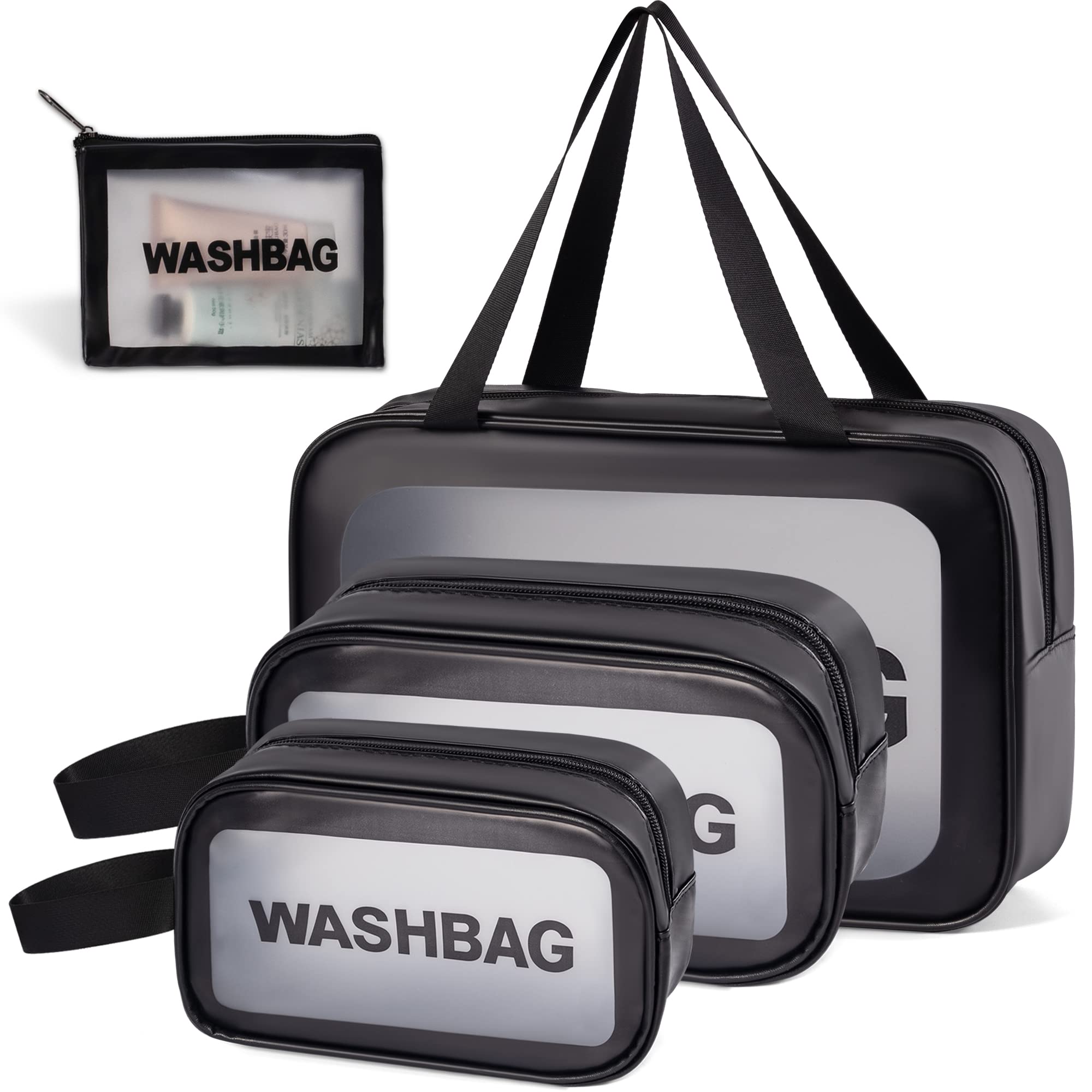 GOCOHHI 4-Piece Translucent Waterproof Toiletry Bag Set for Women & Men - Travel Makeup Cosmetic Organizer with 4 Sizes for Accessories & Toiletries (Black) - Perfect for Airplane Carry-On, Gym, Camping & Vacation Packing