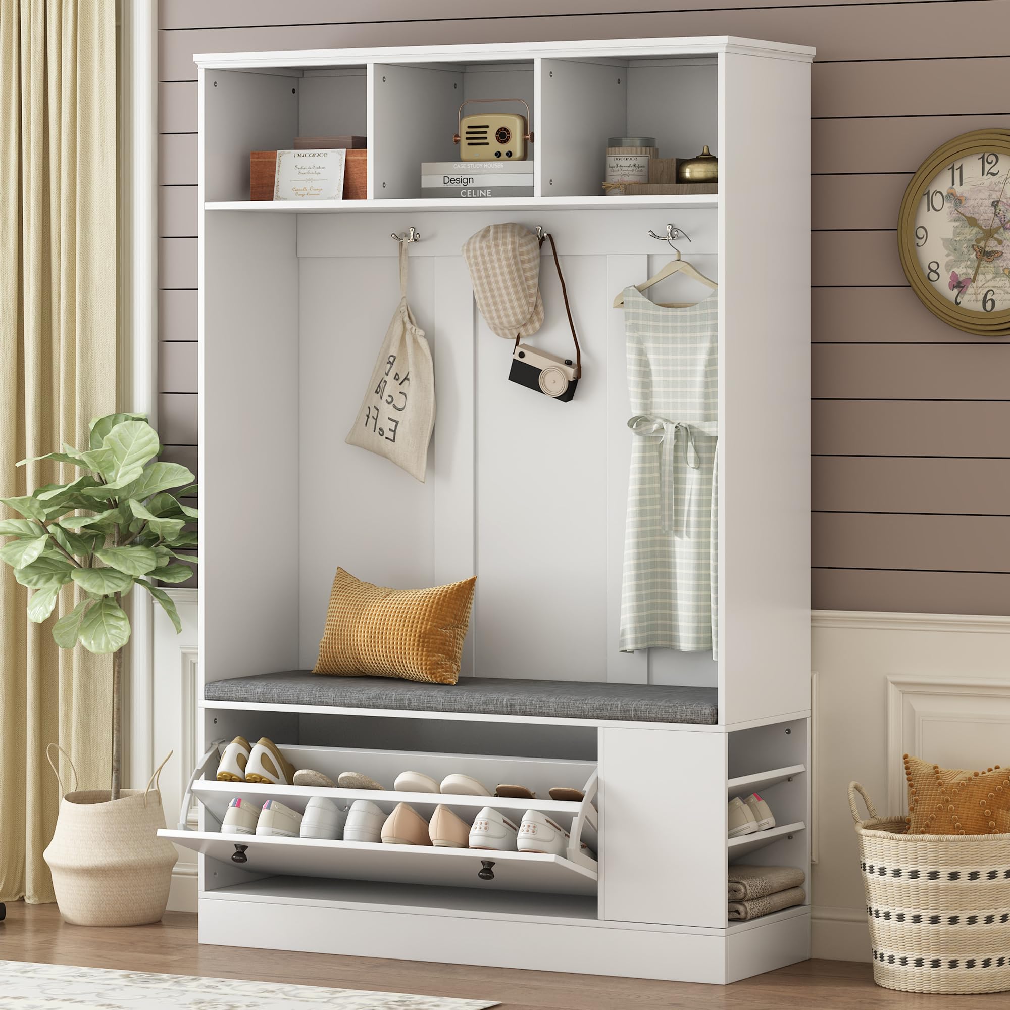 Amposei 71.3-Inch Tall 3-in-1 Modern Entryway Hall Tree - Coat Rack with Storage Bench, Shoe Organizer & Seat Cushion - White Hallway Furniture for Home Entry, Mudroom & Foyer Organization