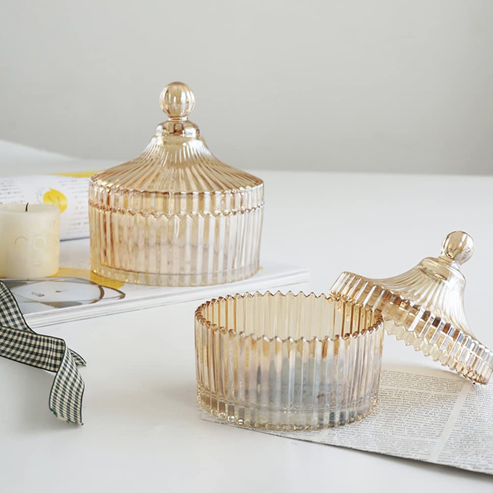 10OZ (280ML) Amber Glass Candy Dish with Lid - Decorative Covered Candy Bowl, Apothecary Jar for Biscuits, Seasonings & Treats - Perfect for Home, Kitchen, Office Desk & Gift Giving