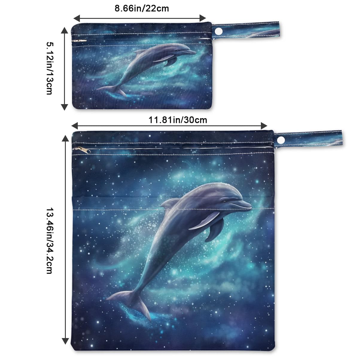 Galaxy Dolphin Wet Dry Bags 2 Pack - Waterproof Travel Laundry Bags, Swimsuits Storage & Cloth Diaper Wet Bags for Beach, Pool, Gym, Yoga | Perfect for Swimming, Baby Care, Sports & Travel Organization