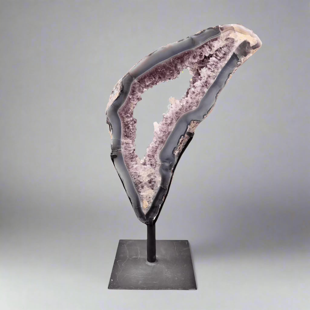 Natural Amethyst Geode Slice Ring from Brazil - Handcrafted Jewelry with Custom Stand (22-15 lbs) - Perfect for Home Decor, Meditation & Healing Crystals
