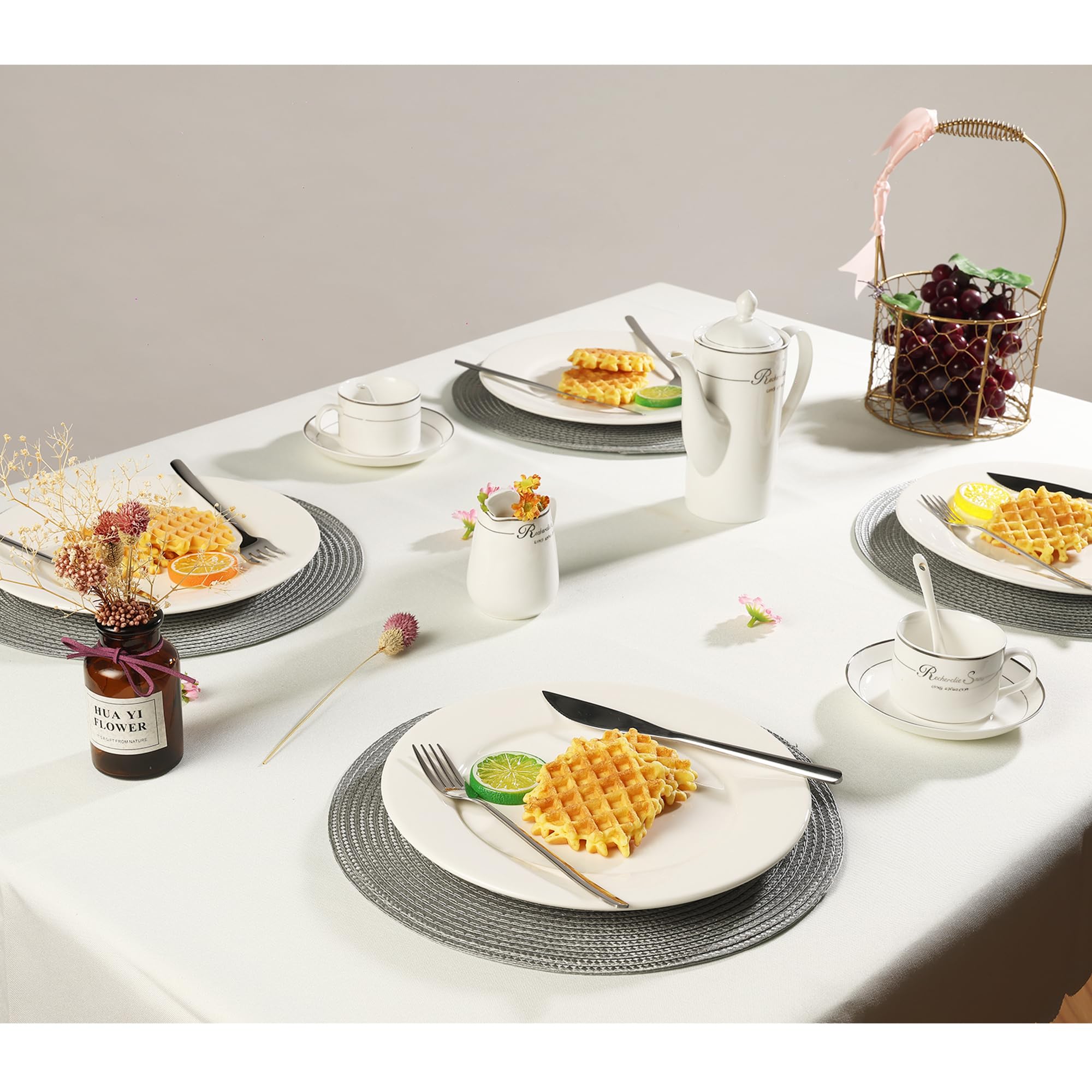 Round Heat-Resistant Anti-Slip Placemats Set of 6 - 12.6 Inch Washable Gray Table Mats for Dining Room, Kitchen & Outdoor Use (32CM) - Perfect for Everyday Meals, Dinner Parties and Picnics