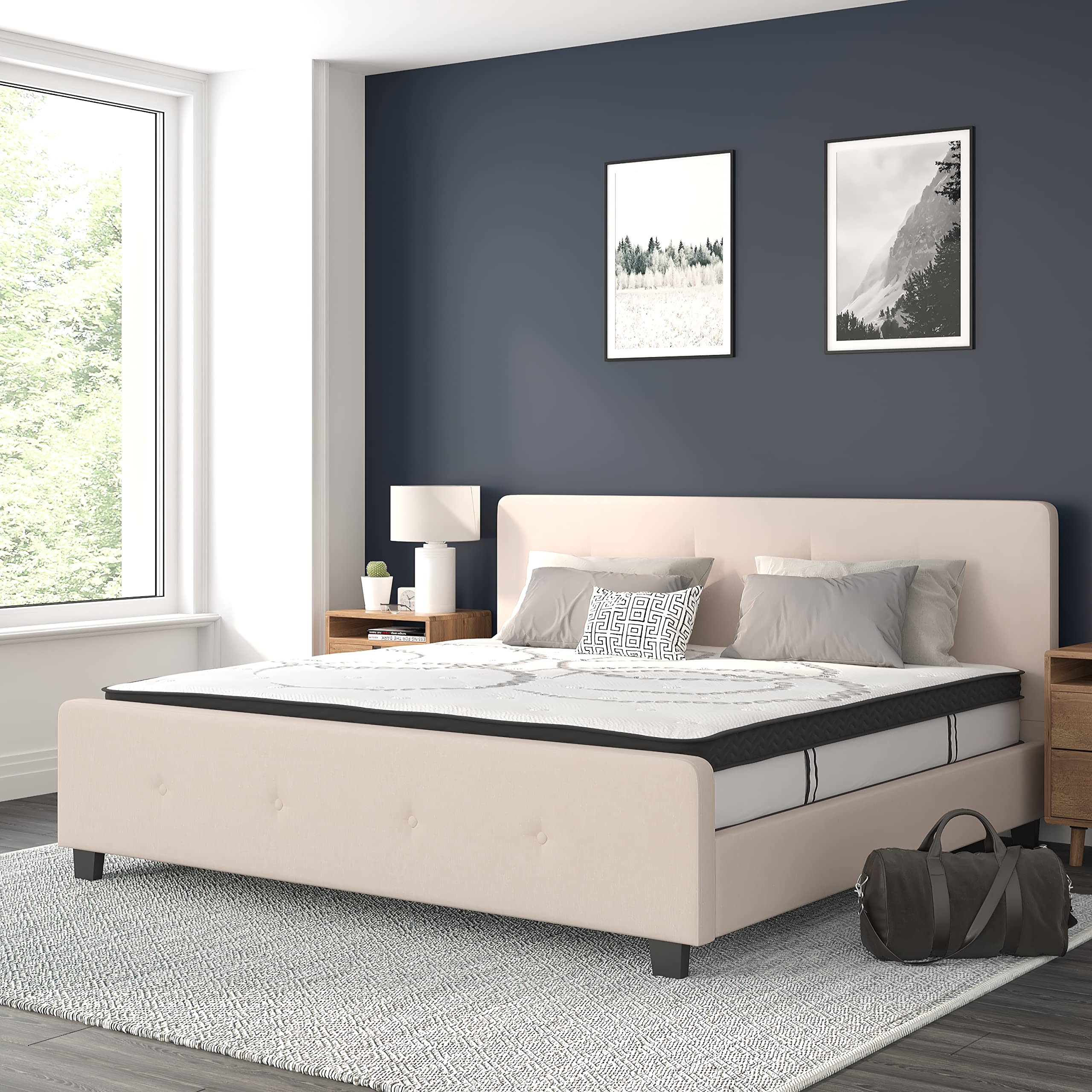 Flash Furniture Tribeca King Size Tufted Upholstered Platform Bed - Beige Fabric with 10 Inch CertiPUR-US Certified Pocket Spring Mattress | Modern Bedroom Furniture for Master Suite, Guest Room & Apartment
