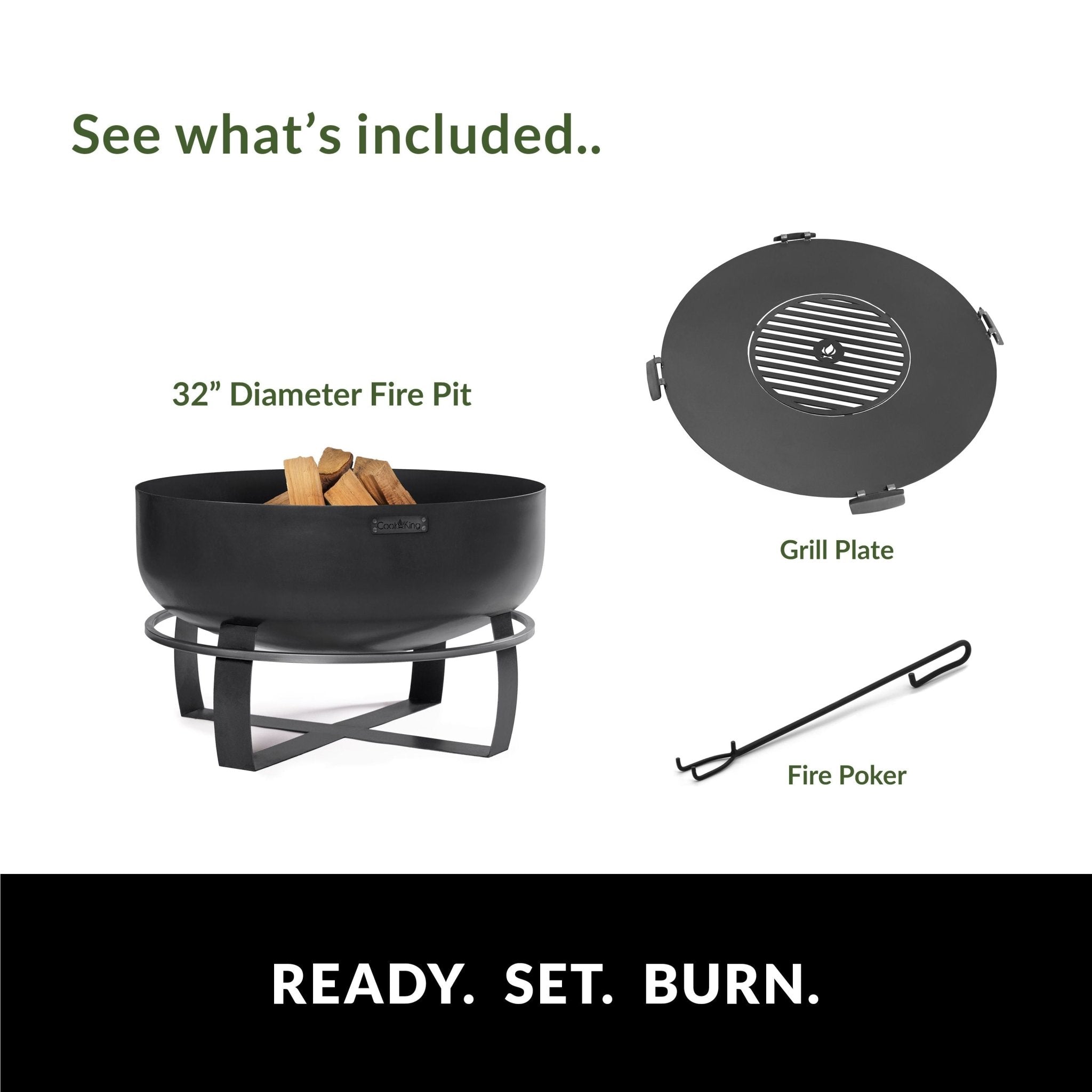 Viking 32 Inch XXL Outdoor Fire Pit with Removable Grill Plate - Perfect for Backyard Camping, BBQ Parties & Patio Gatherings