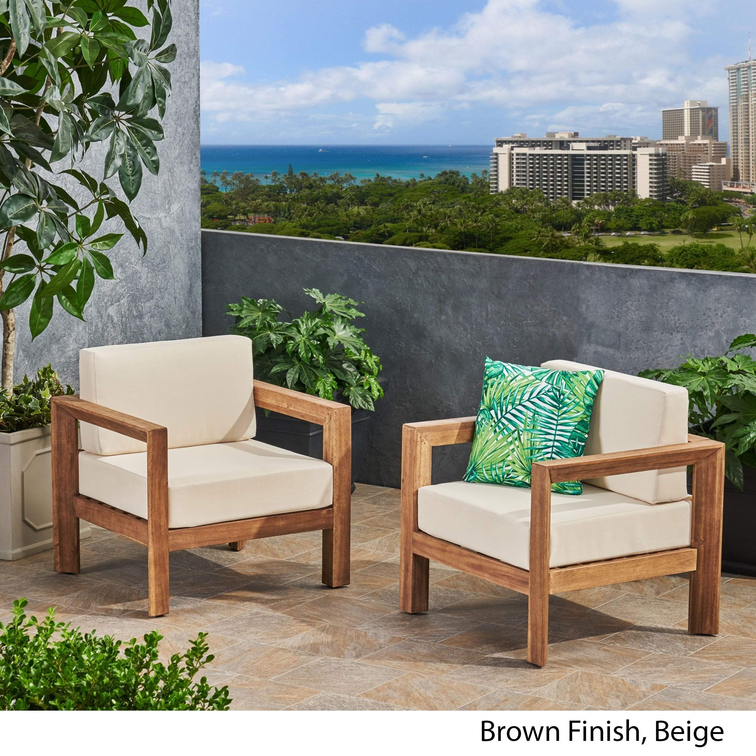 Beige Modern Outdoor Wooden Club Chairs with Water-Resistant Acacia Cushions (Set of 2) - Perfect for Patio, Garden, Poolside & Backyard Relaxation