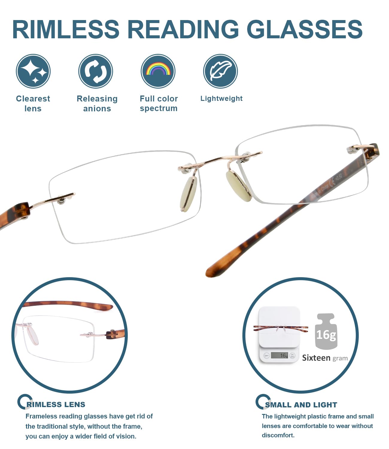 BLUELESS Rimless Reading Glasses for Men & Women - Lightweight Small Frame Readers in Tortoise Color - Perfect for Reading, Computer Use, and Daily Wear