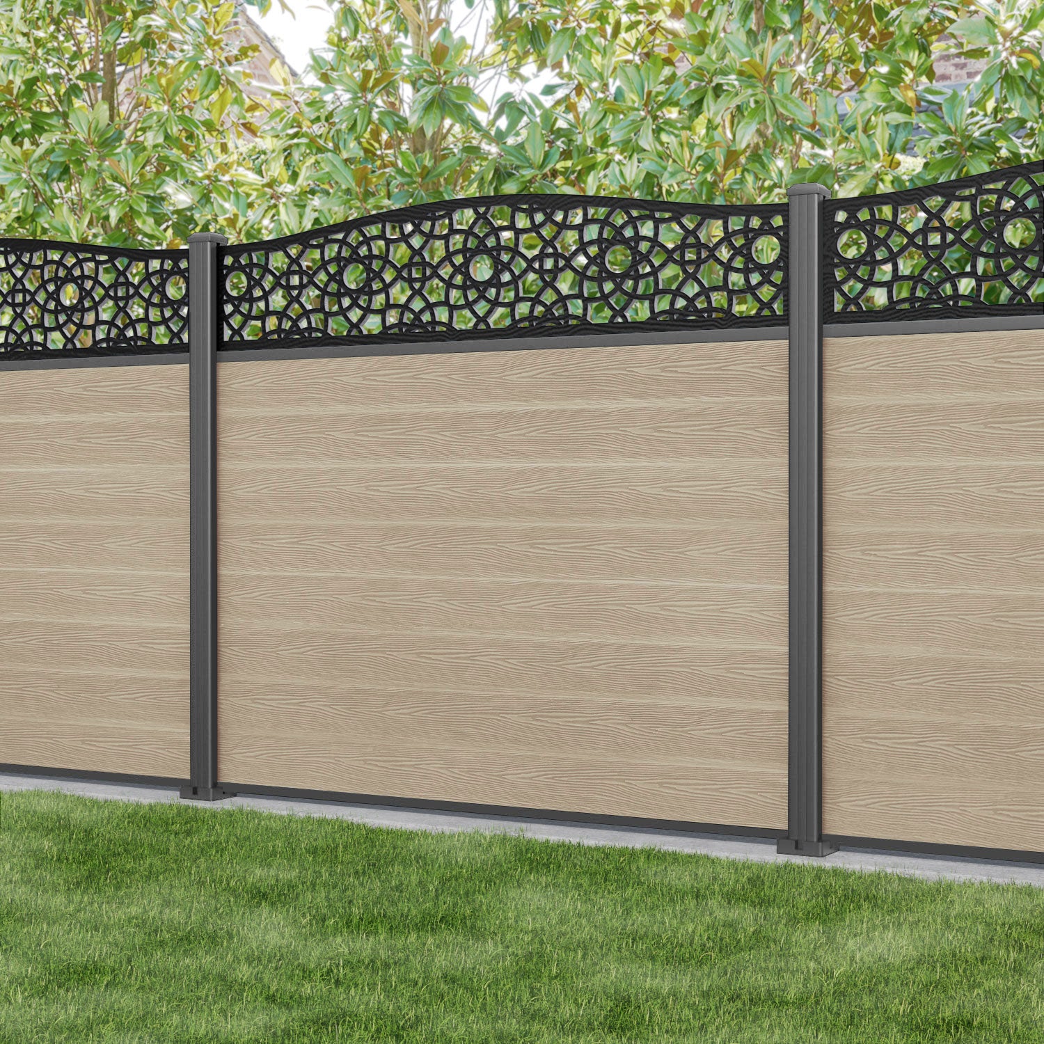 Classic Amber Curved Top Fence Panel - Light Oak Wood with Aluminum Posts | Outdoor Privacy Fence for Garden, Yard & Backyard Landscaping