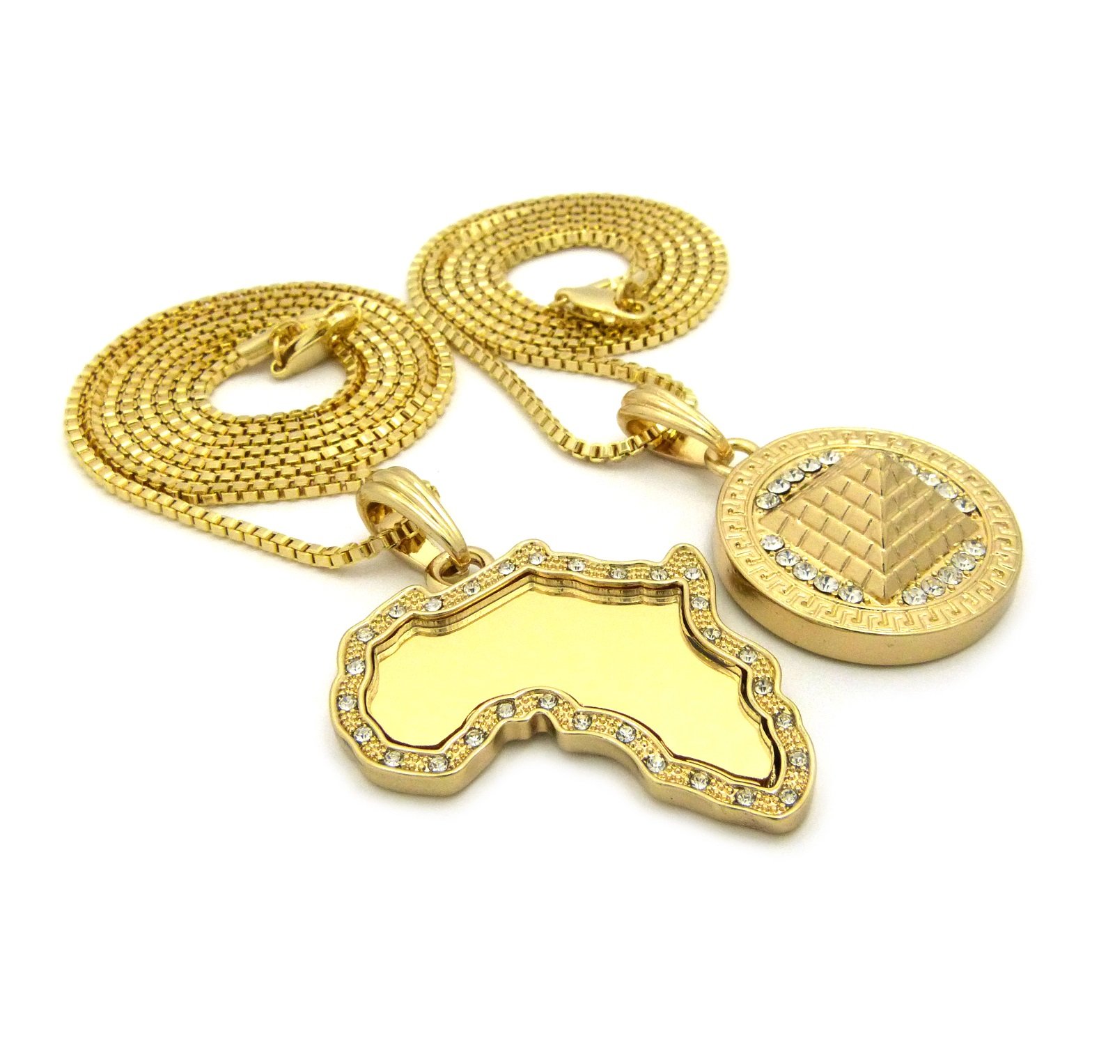 Hip Hop Iced Out Gold Plated Egyptian Africa Map & Pyramid Pendant Necklace Set with 20