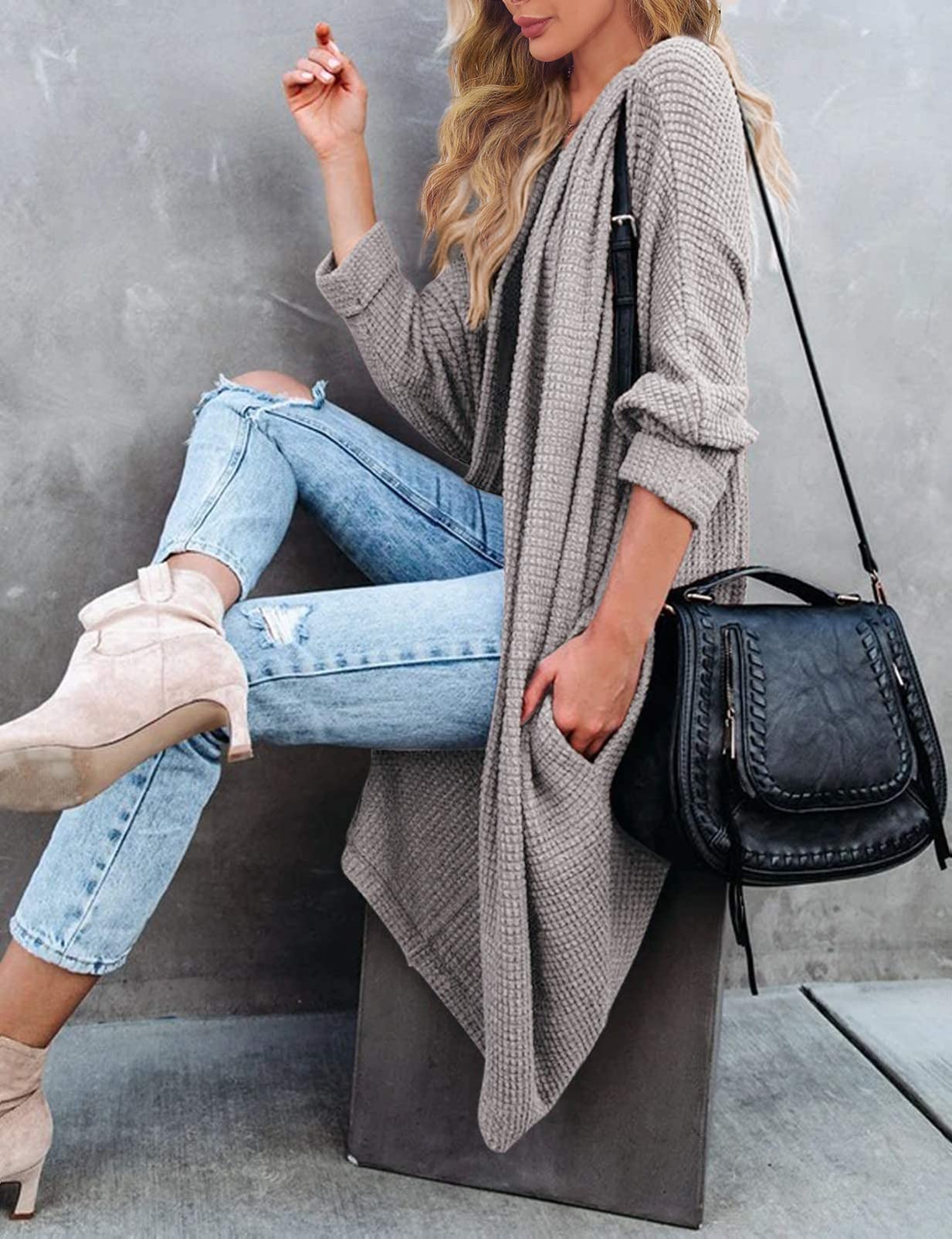 MEROKEETY Women's 2025 Fall Waffle Knit Batwing Long Sleeve Cardigan - Loose Open Front Sweater Coat for Casual Outfits & Layering in Cool Weather