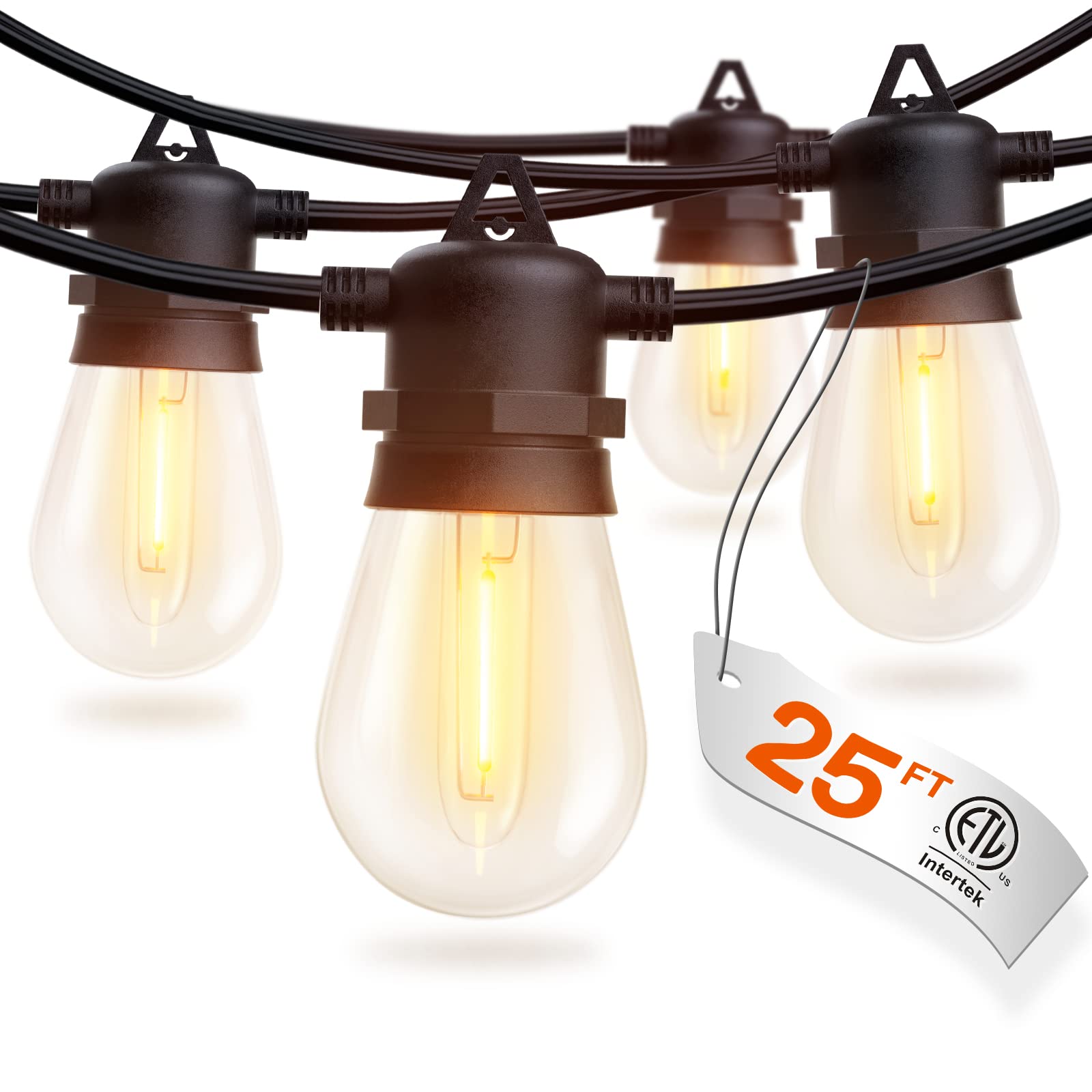 25FT LED Outdoor String Lights with Edison Shatterproof Bulbs - Heavy Duty Weatherproof Commercial Grade Patio Lights - Decorative Garden & Backyard Lighting for Parties, Weddings, Restaurants, and Outdoor Events (Black)