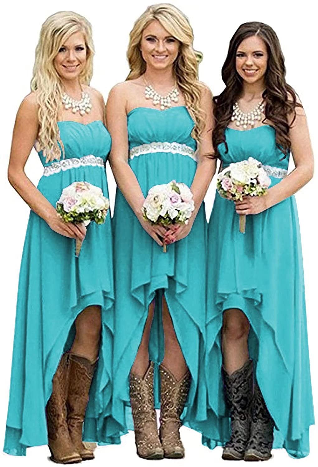 Elegant Chiffon High-Low Bridesmaid Dress - Strapless A-Line Wedding Party Gown with Adjustable Belt for Women | Perfect for Country Weddings, Formal Events & Special Occasions