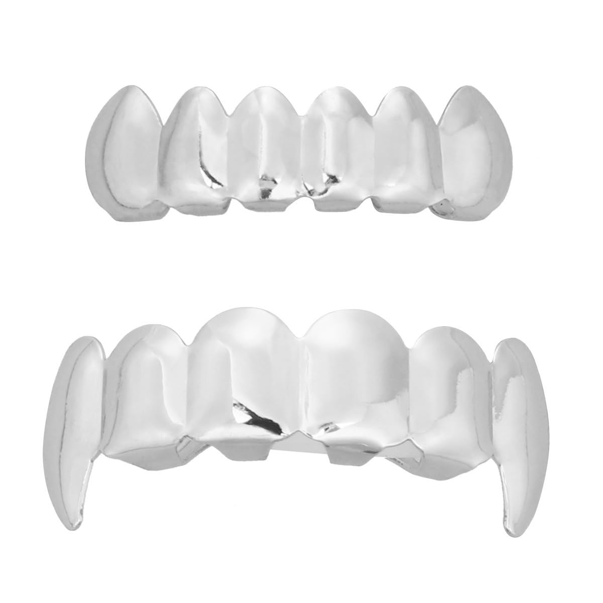 Silver Plated Hip Hop Tooth Grill Set - Top & Bottom Vampire Fangs for Men & Women - Perfect for Halloween, Costume Parties, Rap Performances and Street Style Fashion